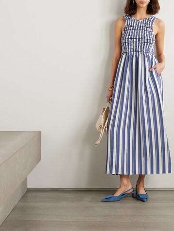 Loretta Caponi Erika embroidered striped poplin midi dress