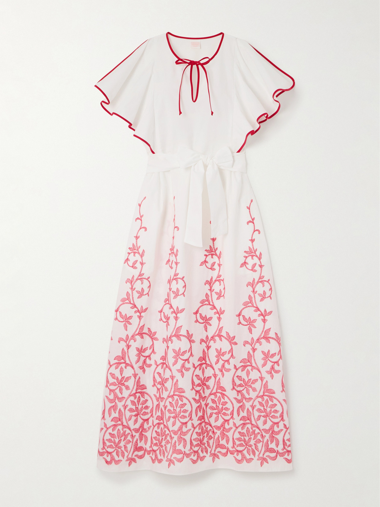 Loretta Caponi + Net Sustain Daisy Belted Embroidered Cotton-poplin Midi Dress In Red