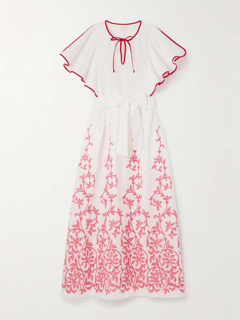 Loretta Caponi Daisy Belted Embroidered Cotton-poplin Midi Dress