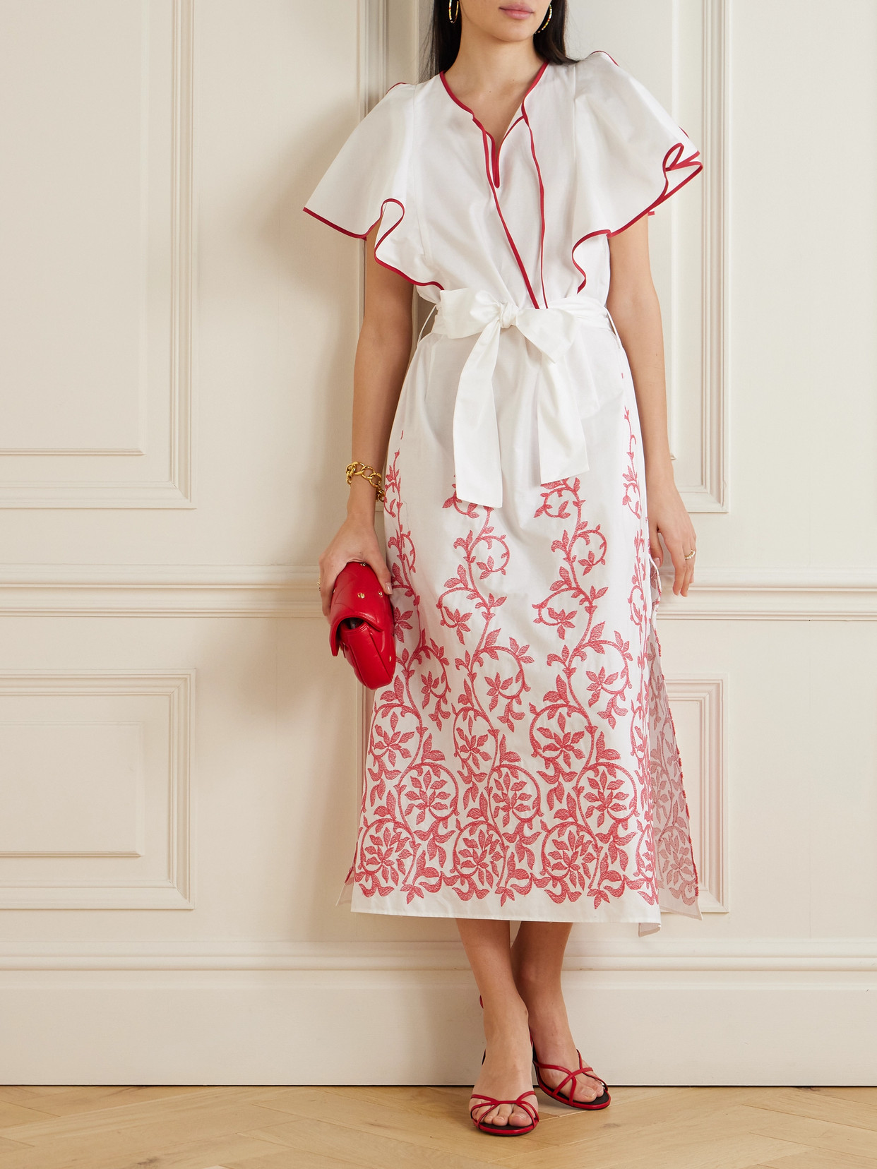 LORETTA CAPONI DAISY BELTED EMBROIDERED COTTON-POPLIN MIDI DRESS
