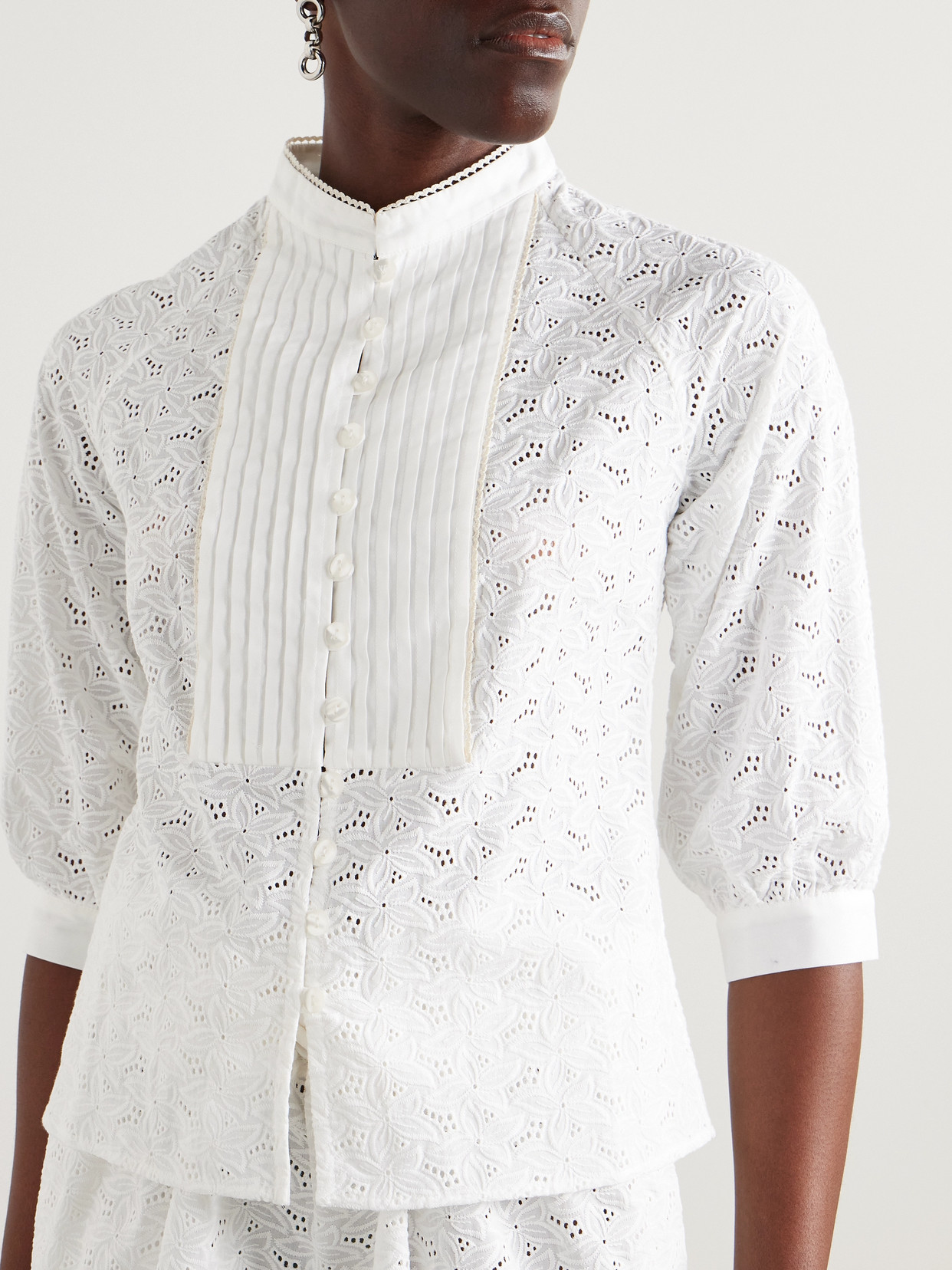 Shop Loretta Caponi Brunella Pintucked Broderie Anglaise Cotton Blouse In White