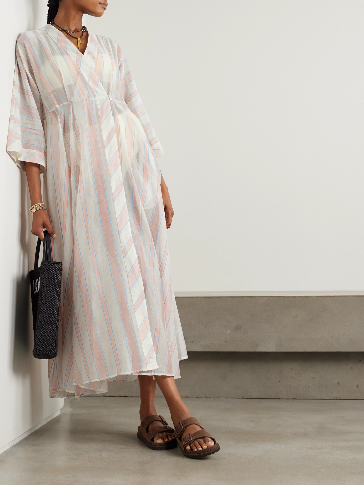 Shop Thierry Colson Almudena Striped Cotton And Silk-blend Voile Maxi Dress In Pink