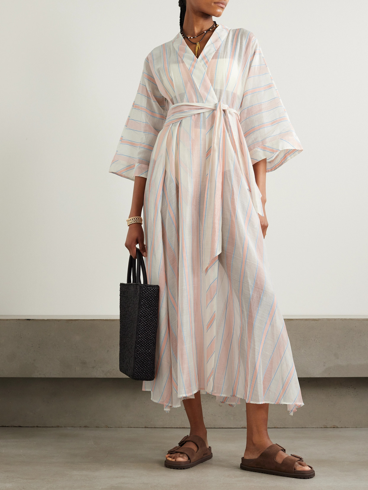 Shop Thierry Colson Almudena Striped Cotton And Silk-blend Voile Maxi Dress In Pink