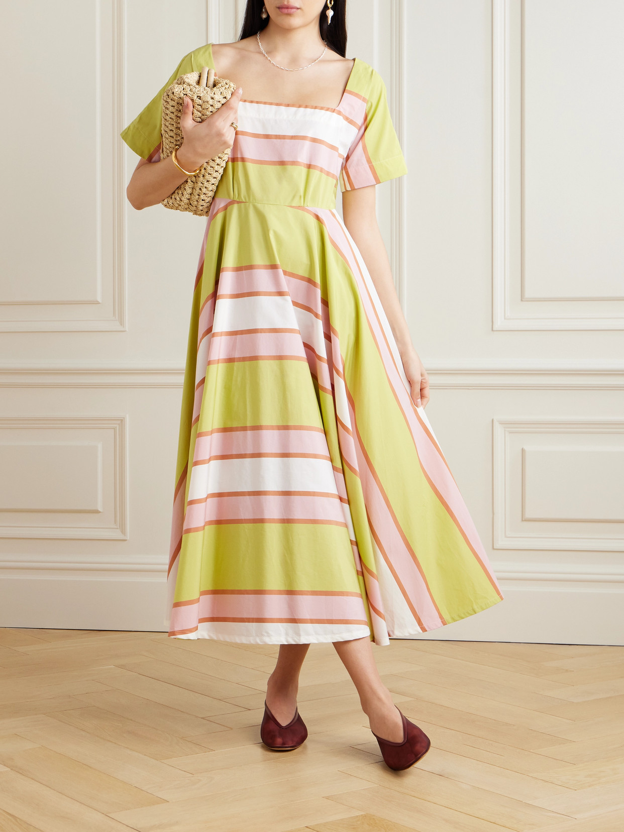 Shop Thierry Colson Allegria Pleated Striped Cotton-poplin Midi Wrap Dress In Pink