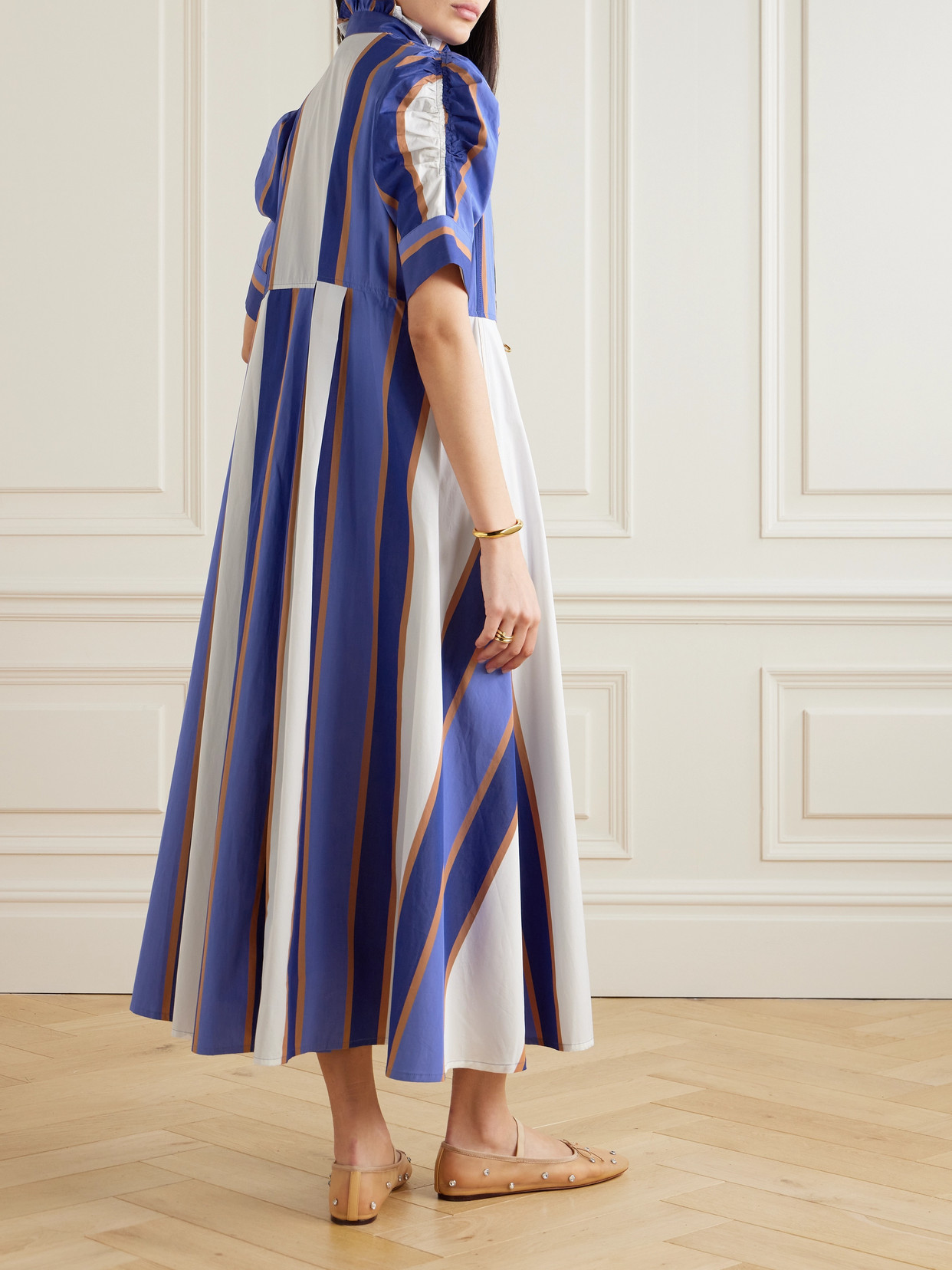 Shop Thierry Colson Venetia Pleated Striped Cotton-poplin Midi Dress In Blue