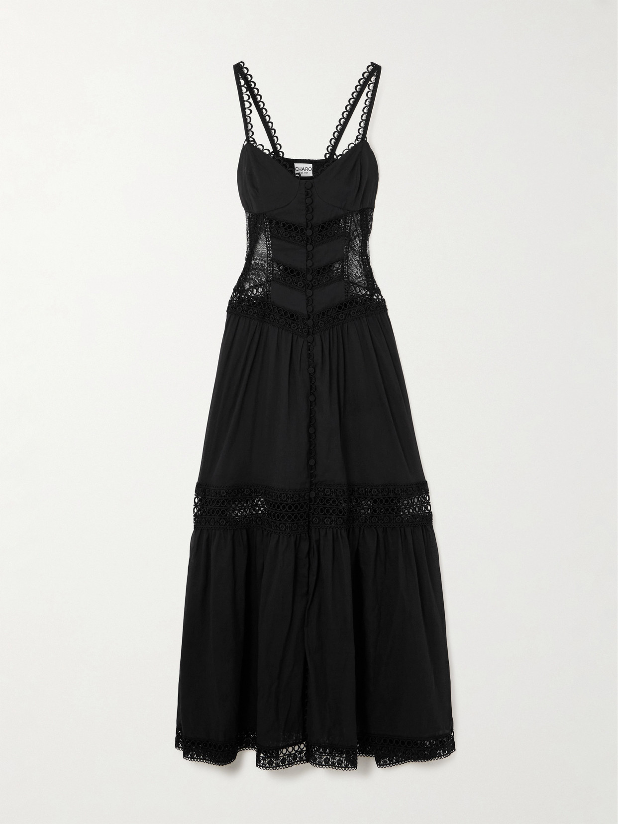 Charo Ruiz Tiana Lace-trimmed Cotton-blend Voile Maxi Dress In Black