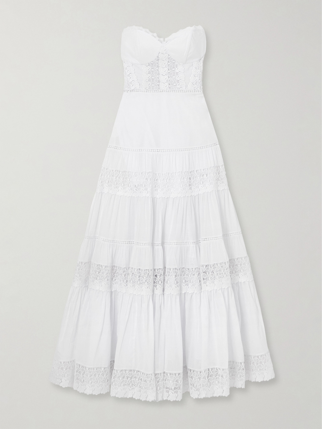 Charo Ruiz Monnet Strapless Guipure Lace-trimmed Cotton-blend Voile Maxi Dress In White