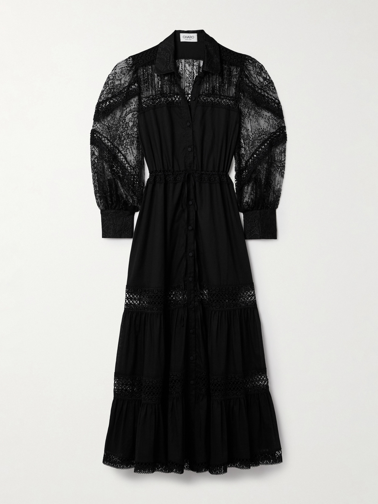 Charo Ruiz Lucil Lace-trimmed Cotton-blend Maxi Dress In Black