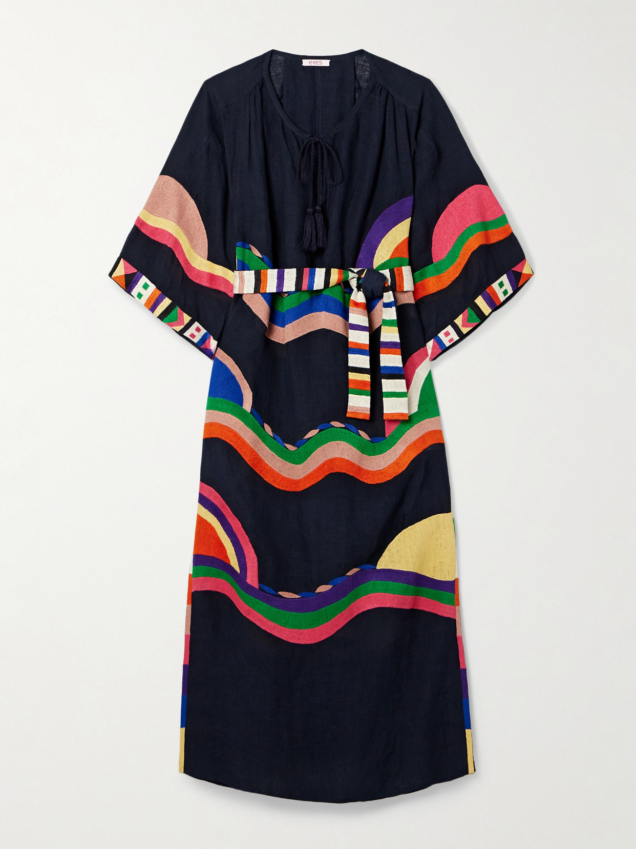 Shop Eres Panorama Horizon Belted Embroidered Linen Midi Dress In Black