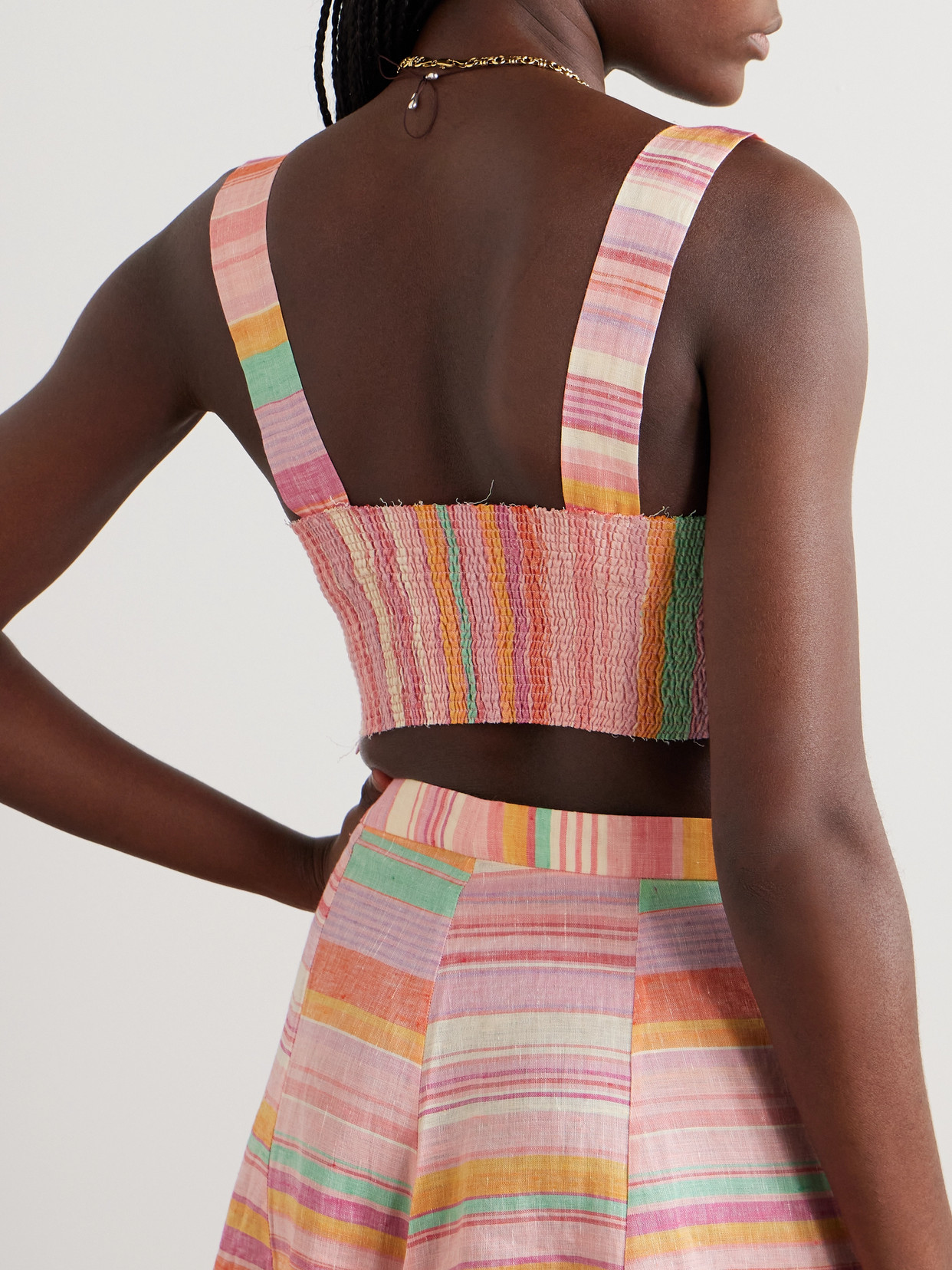 Dalia Frayed Pleated Striped Linen Bustier Top