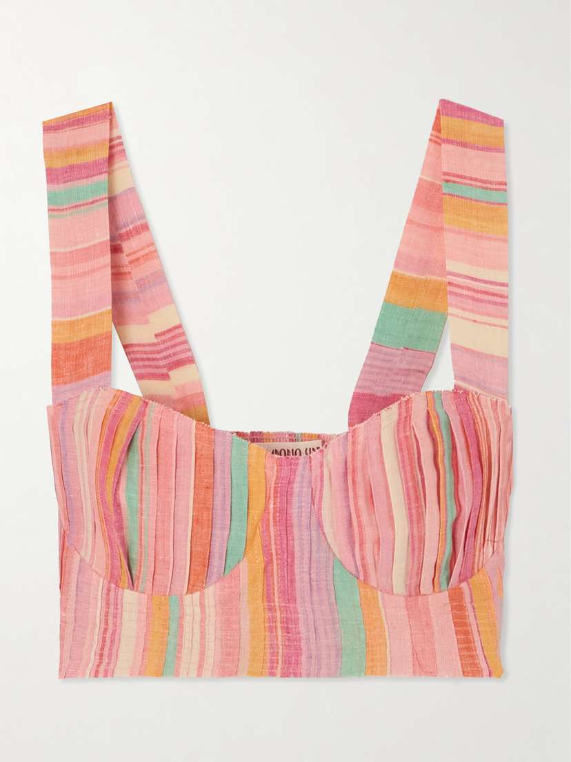 Emporio Sirenuse Dalia Frayed Pleated Striped Linen Bustier Top
