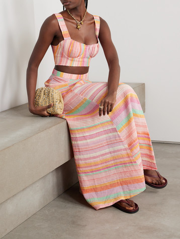 Emporio Sirenuse Dalia frayed pleated striped linen bustier top