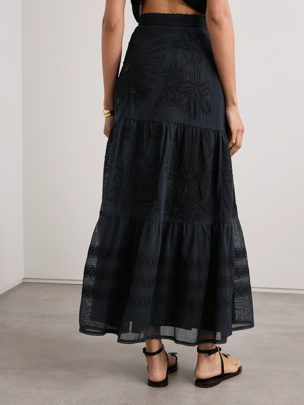 Emporio Sirenuse Elda Tiered Embellished Embroidered Cotton-mesh Maxi Skirt In Black