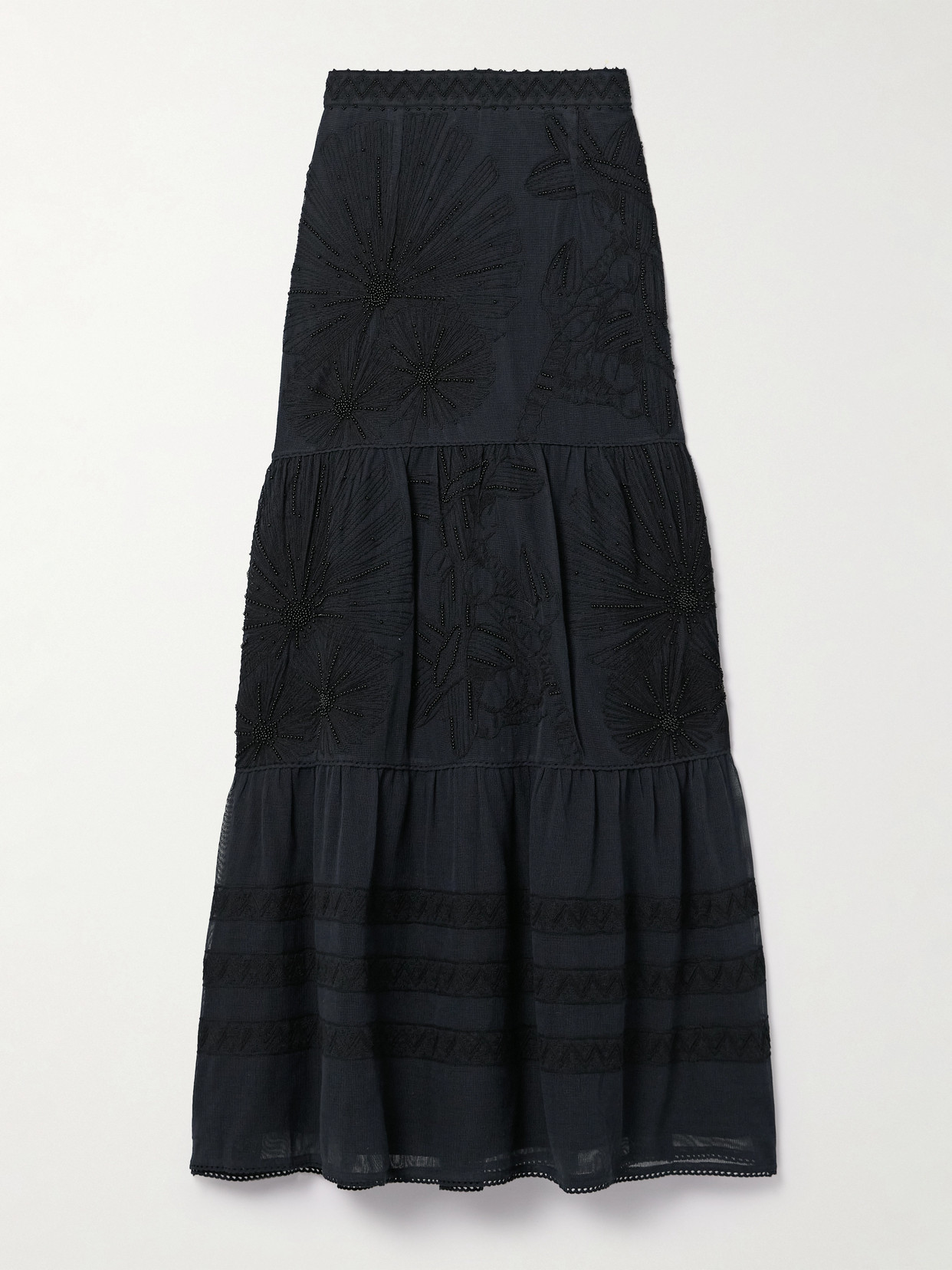 Emporio Sirenuse Elda Tiered Embellished Embroidered Cotton-mesh Maxi Skirt In Black