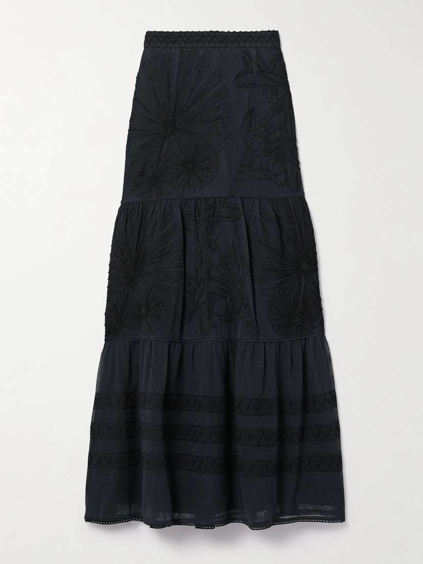 Emporio Sirenuse Elda Tiered Embellished Embroidered Cotton-mesh Maxi Skirt
