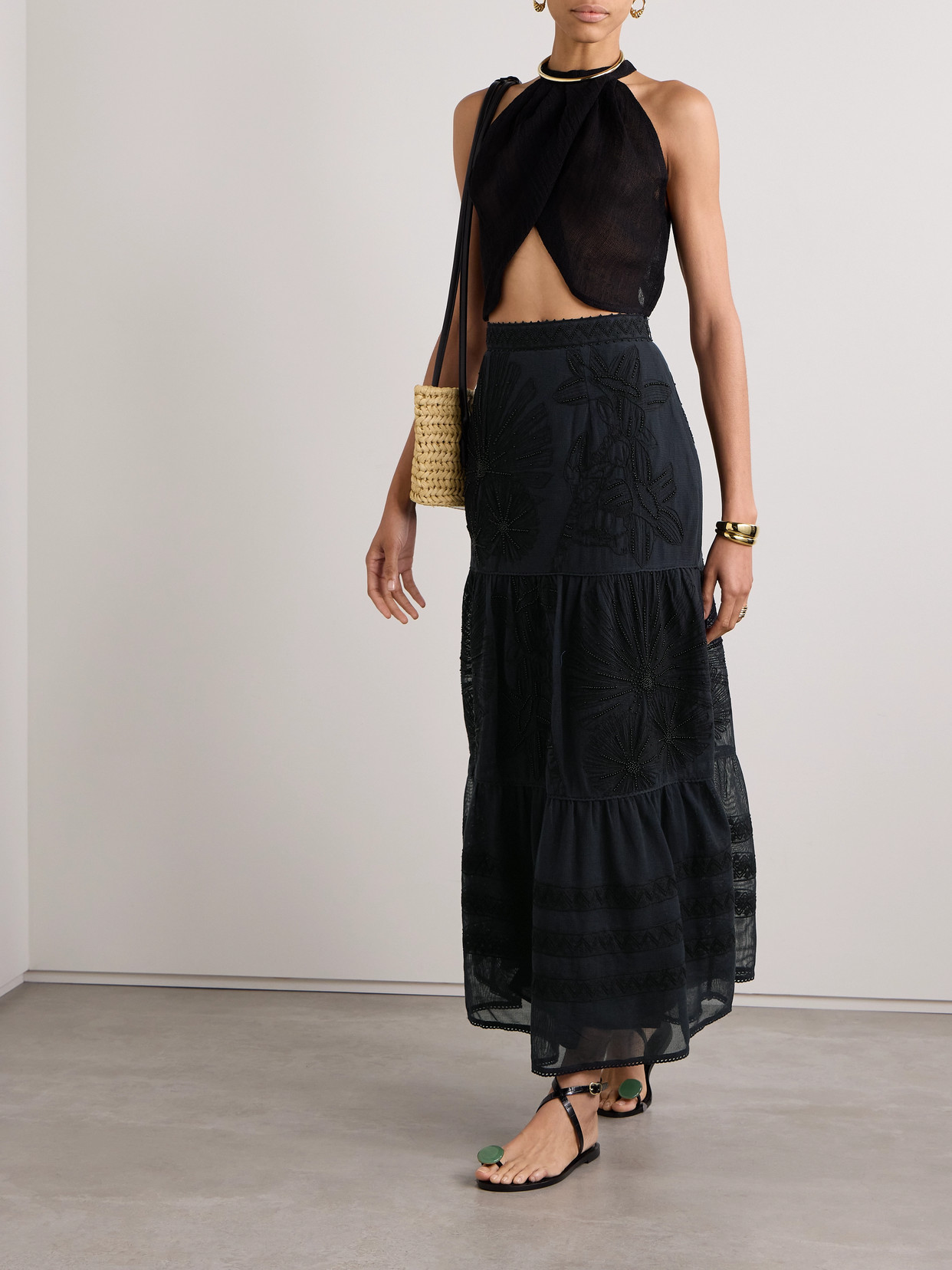 Emporio Sirenuse Elda Tiered Embellished Embroidered Cotton-mesh Maxi Skirt In Black