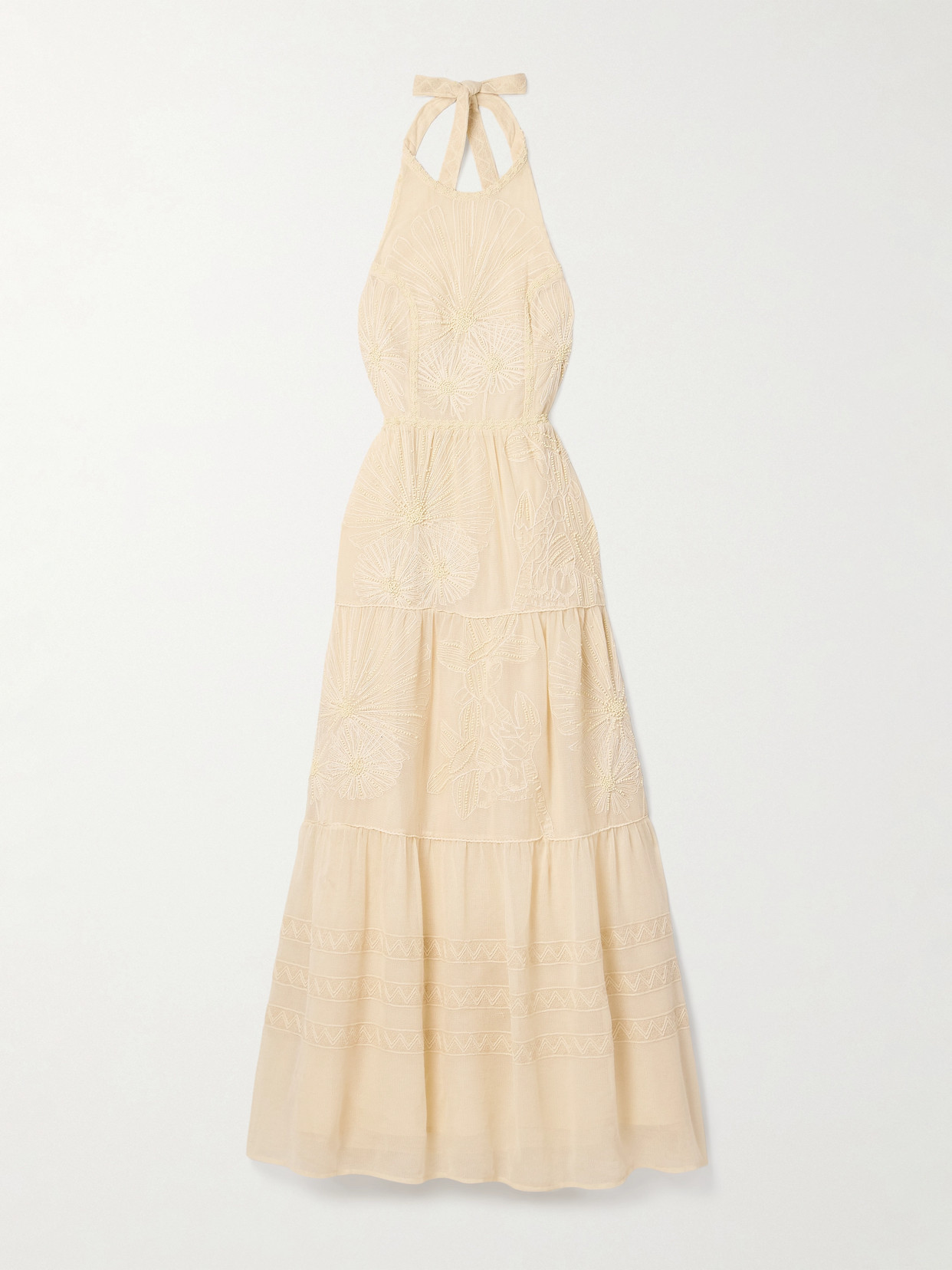 Emporio Sirenuse Sibilla Embellished Embroidered Cotton-mesh Halterneck Maxi Dress In Ivory