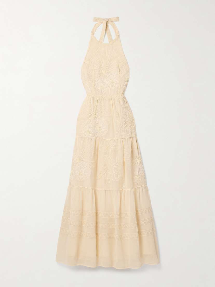 Emporio Sirenuse Sibilla Embellished Embroidered Cotton-mesh Halterneck Maxi Dress