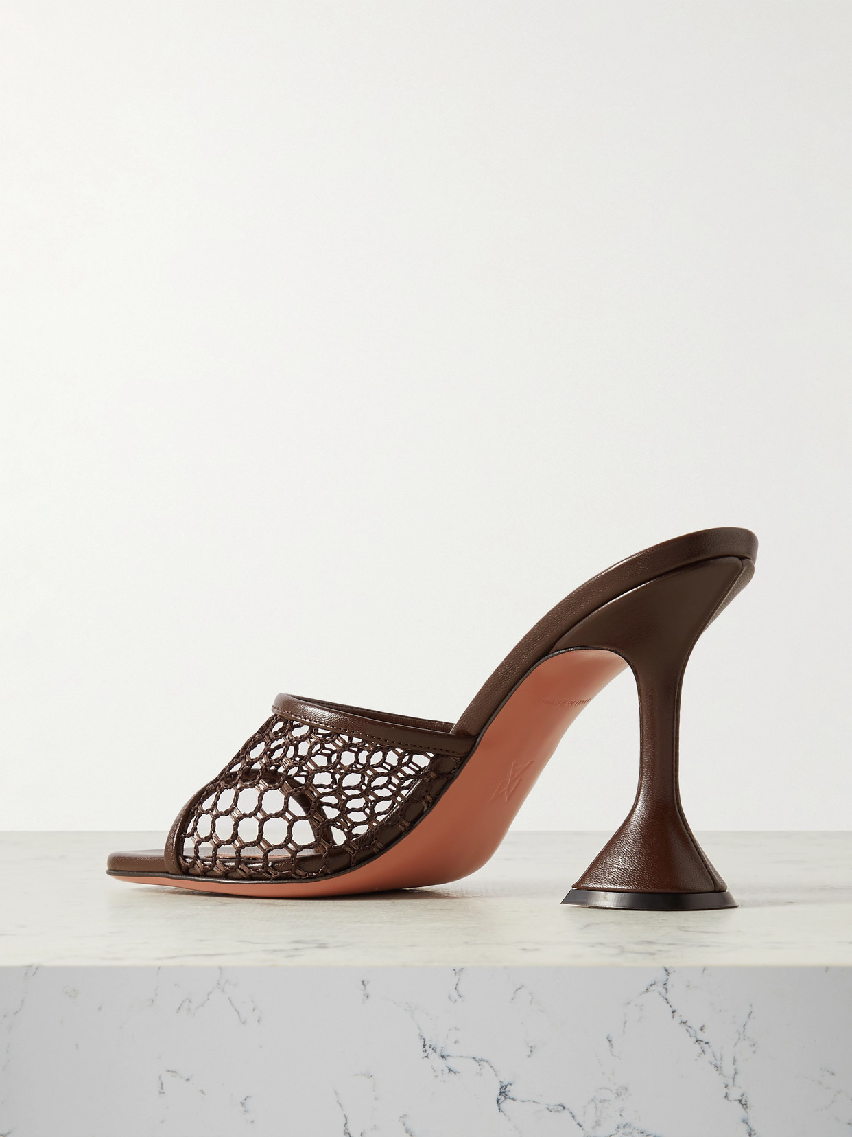 Shop Amina Muaddi Lupita Fishnet And Leather Mules In Brown