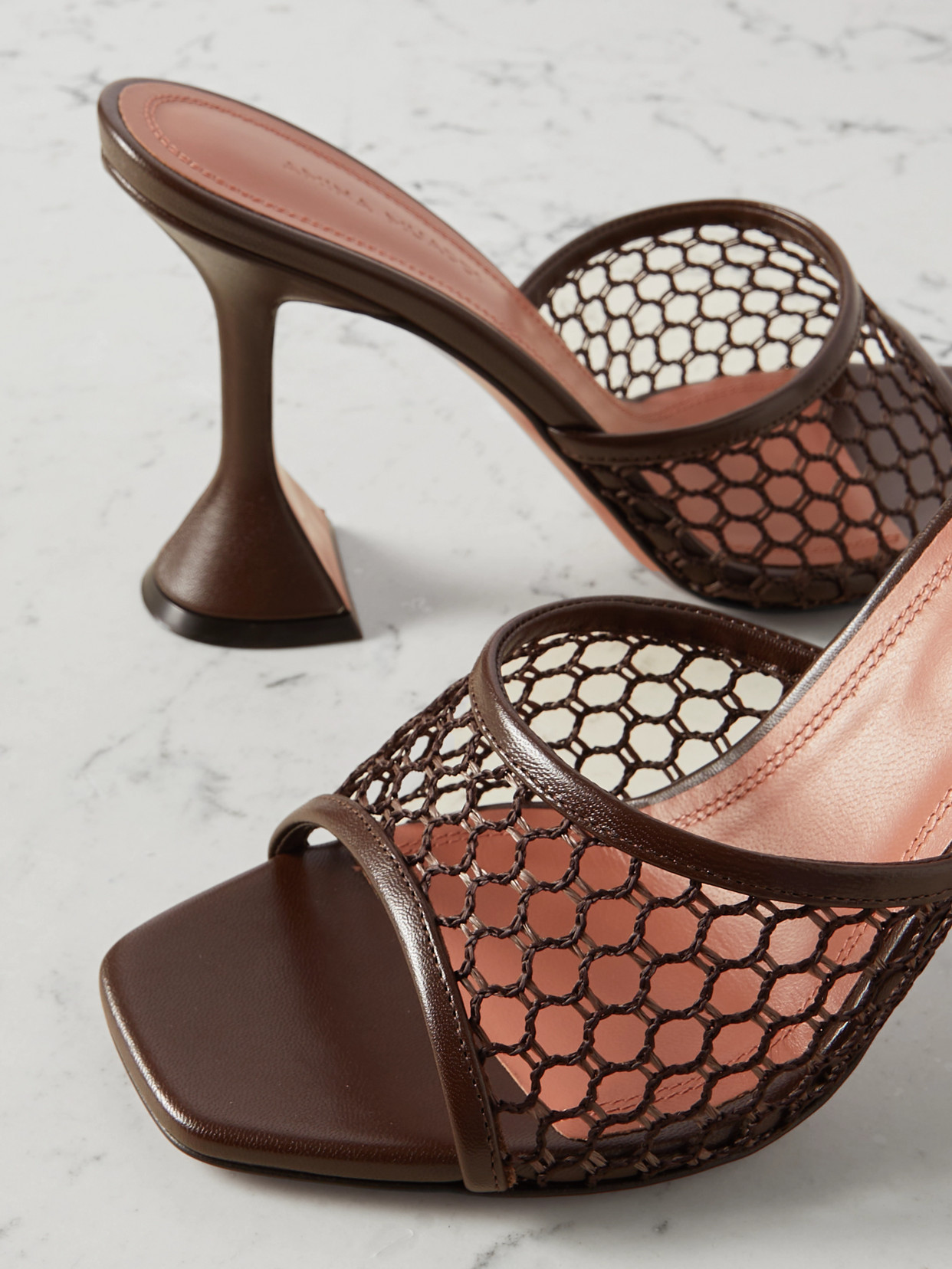 Shop Amina Muaddi Lupita Fishnet And Leather Mules In Brown
