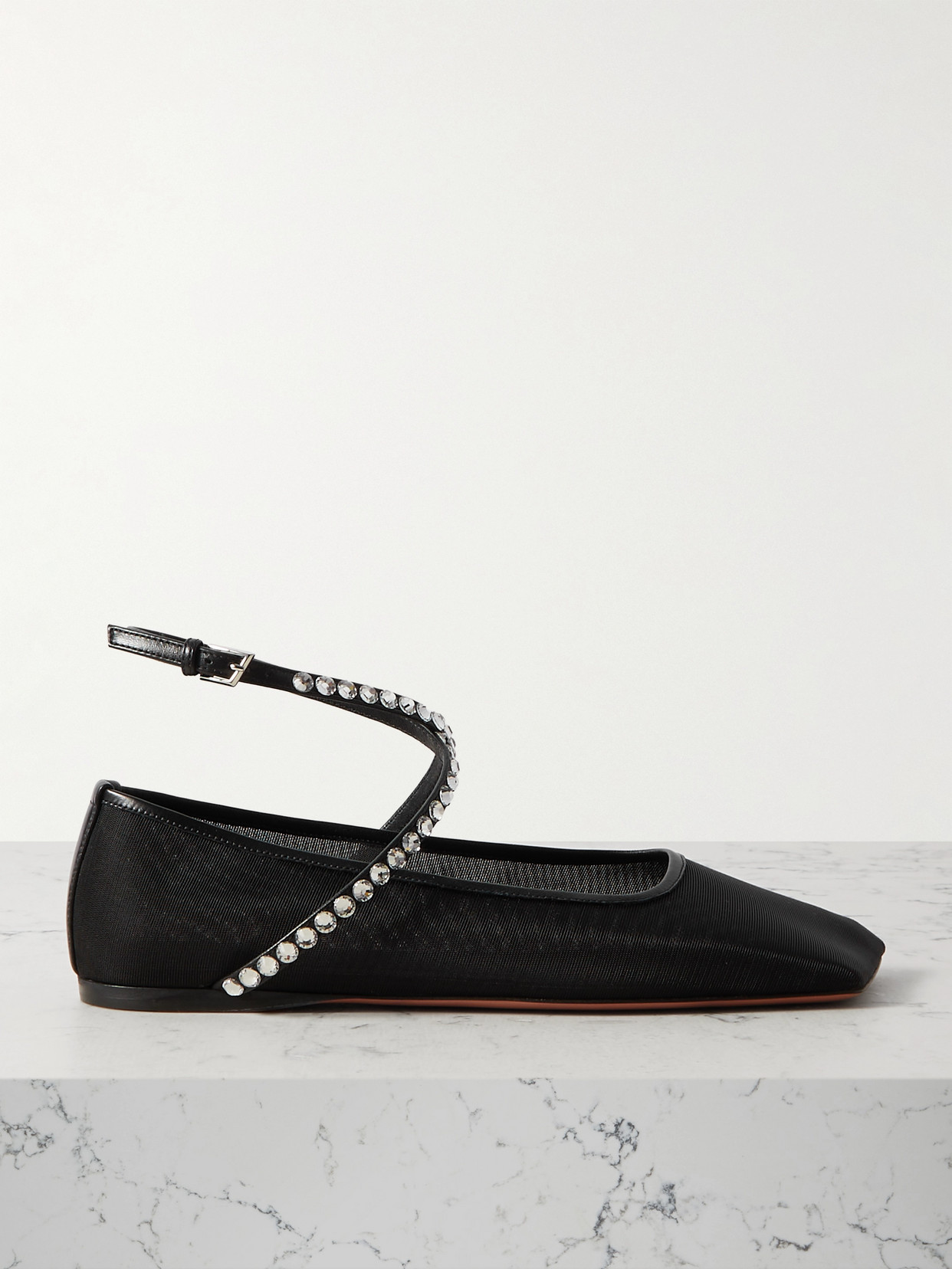 Shop Amina Muaddi Ane Crystal-embellished Leather-trimmed Mesh Ballet Flats In Black