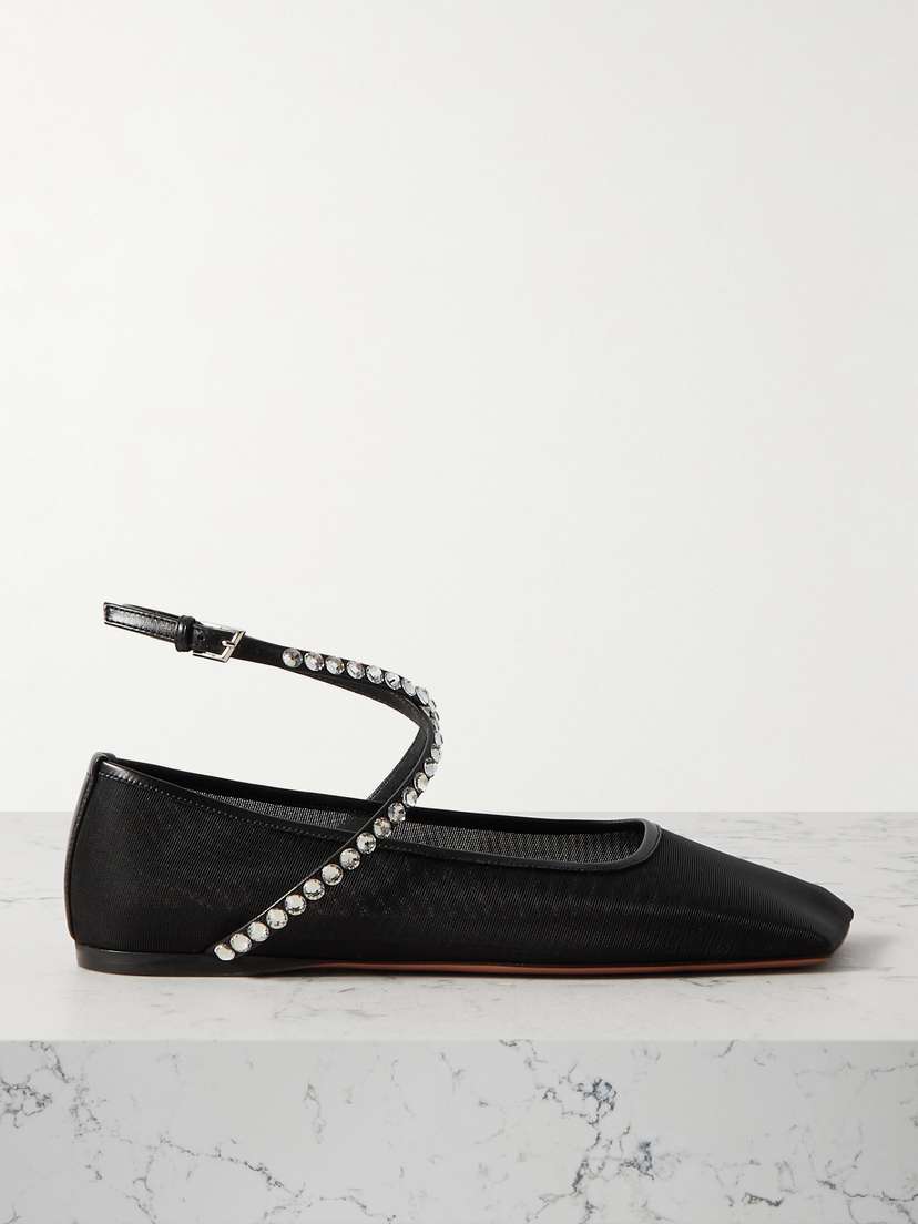 Amina Muaddi Ane Crystal-embellished Leather-trimmed Mesh Ballet Flats