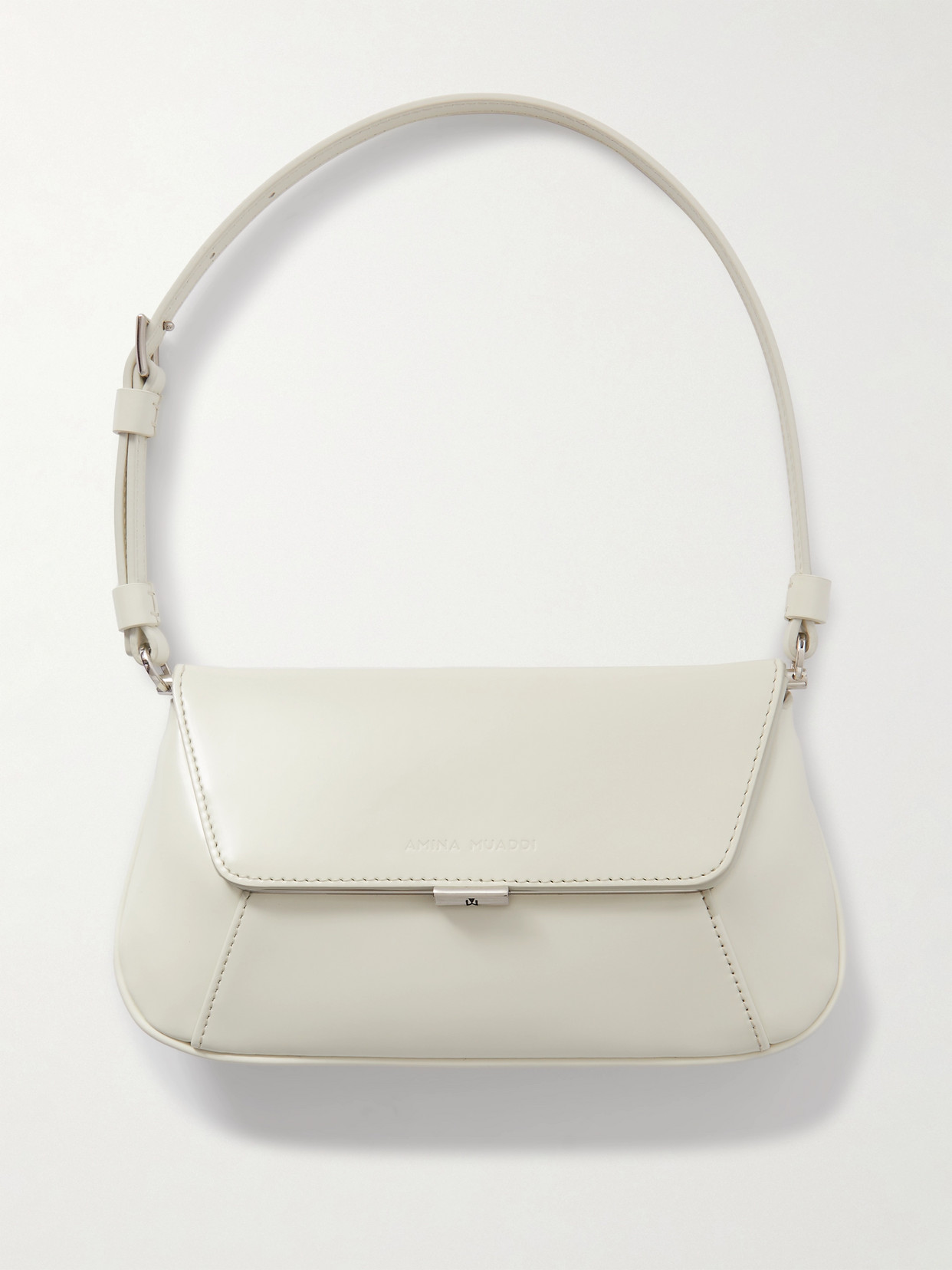 Shop Amina Muaddi Ami Mini Glossed-leather Shoulder Bag In White