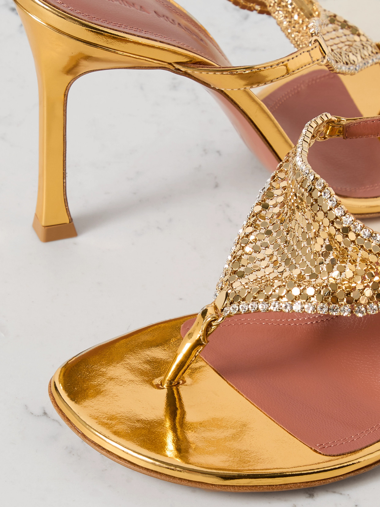 Amina Muaddi Cameron Crystal-embellished Chainmail And Metallic Leather Mules In Gold