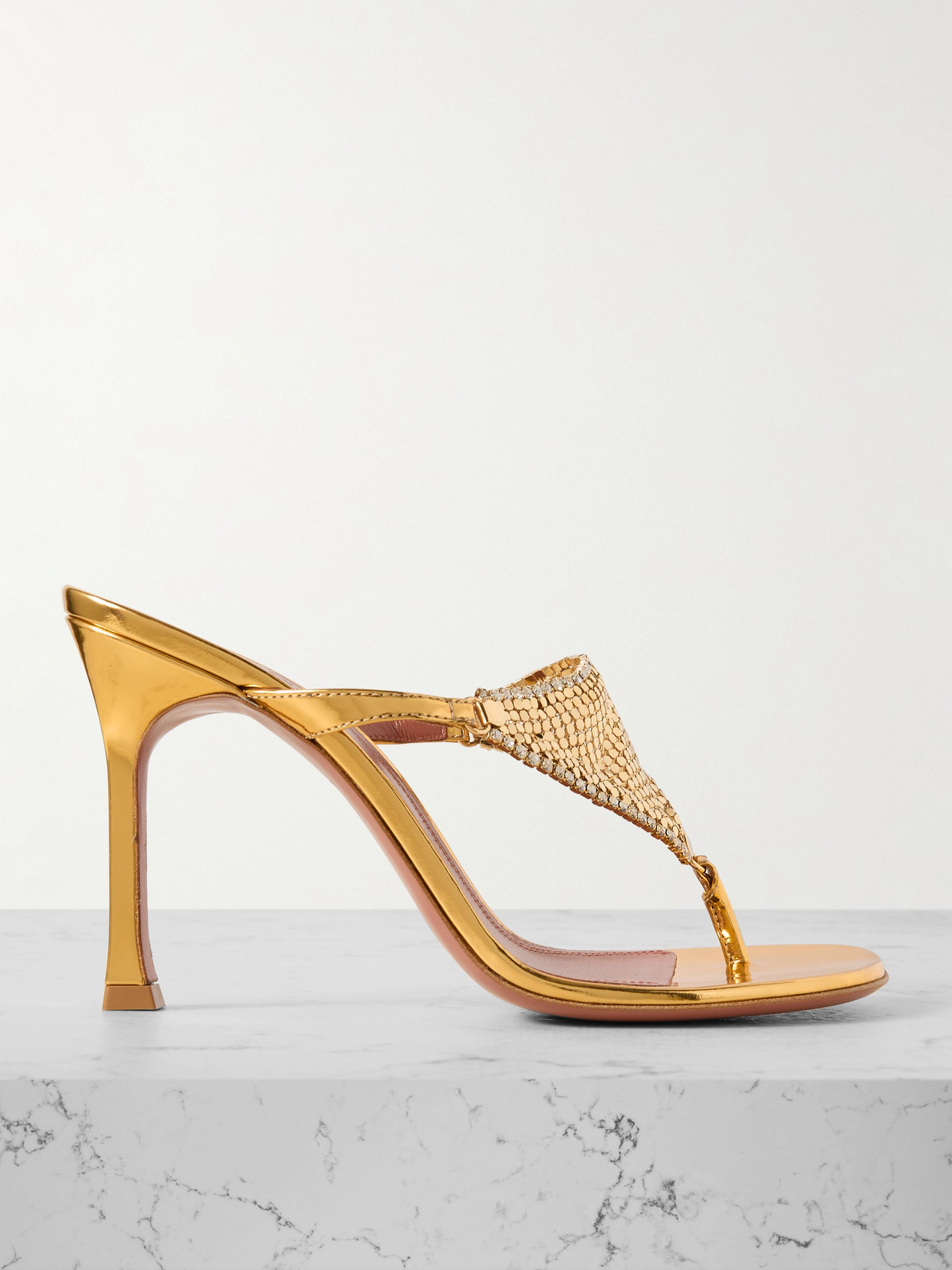 Amina Muaddi Cameron Crystal-embellished Chainmail And Metallic Leather Mules In Gold