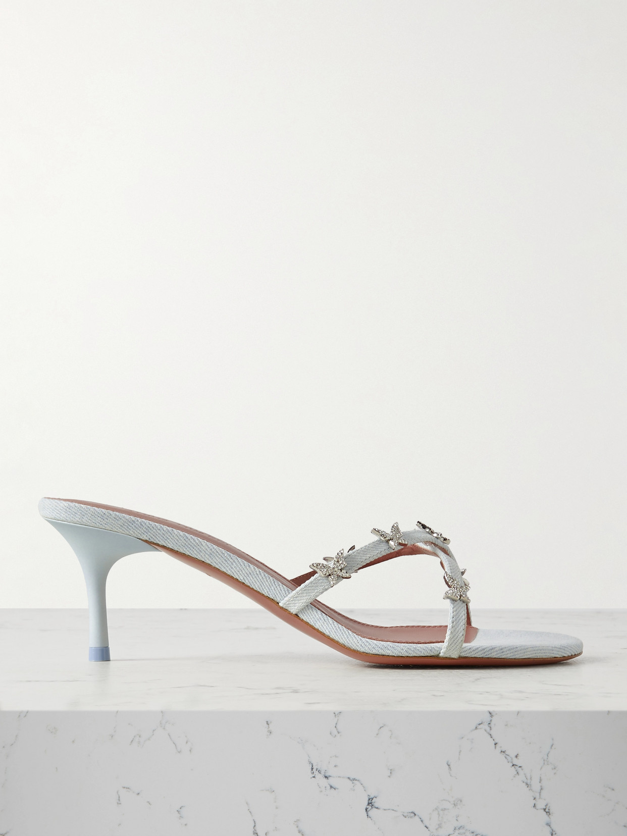 AMINA MUADDI DEBORA 60 CRYSTAL-EMBELLISHED LEATHER-TRIMMED DENIM MULES