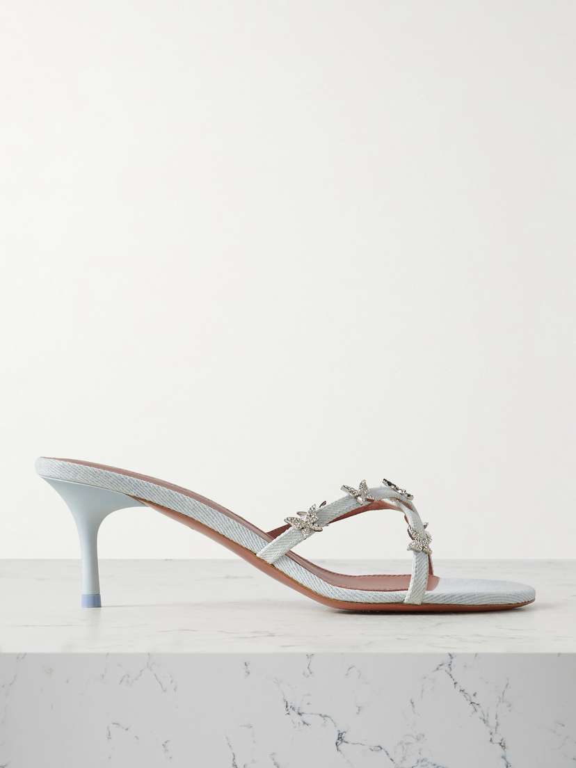 Amina Muaddi Debora 60 Crystal-embellished Leather-trimmed Denim Mules