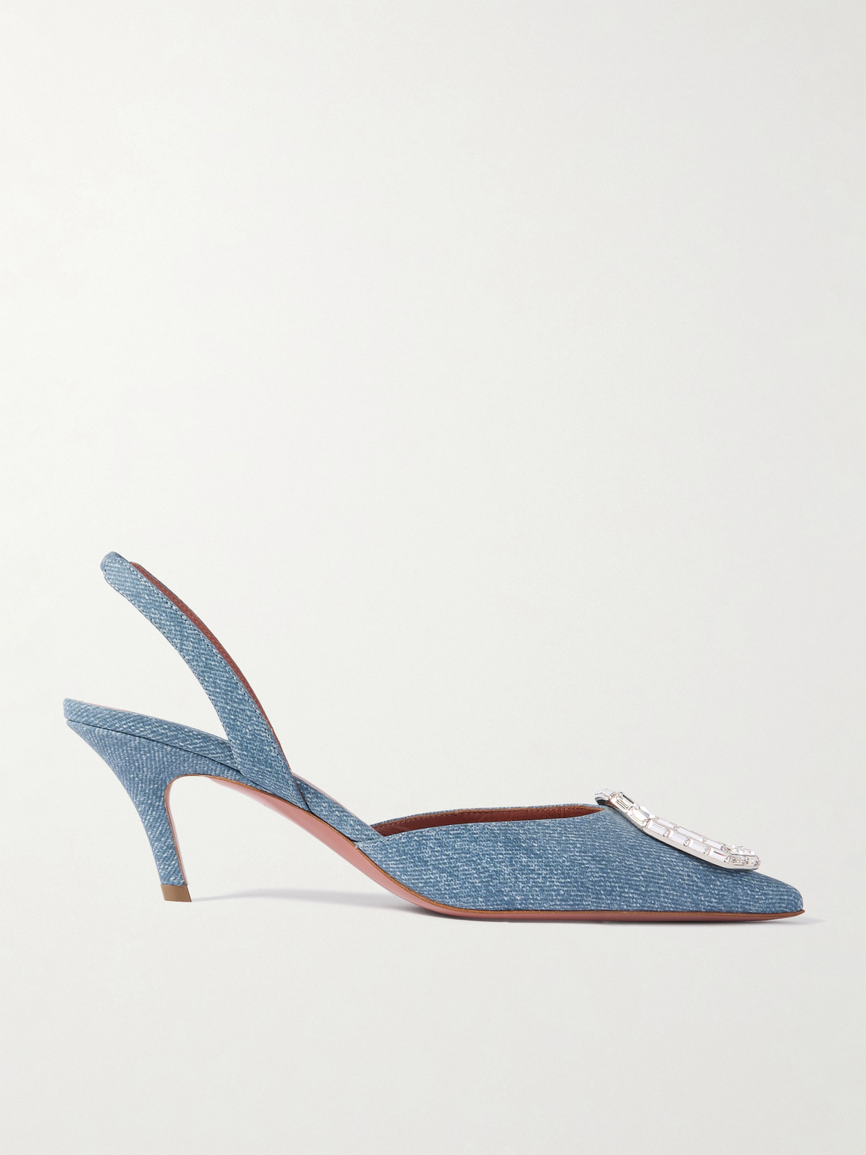Amina Muaddi Camelia Crystal-embellished Denim-effect Satin Slingback Pumps In Blue