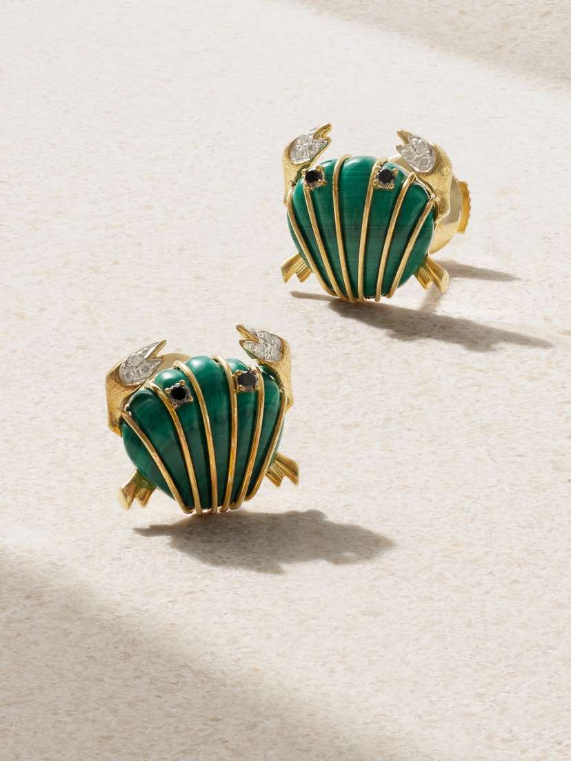 Yvonne Léon Crab 9-karat Gold, Malachite And Diamond Earrings