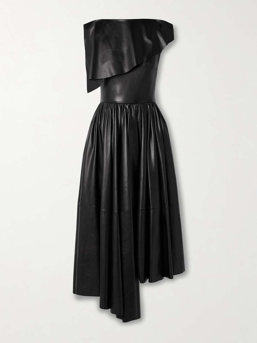 Salon 1884 + Net Sustain Cela Asymmetric Pleated Leather Midi Dress