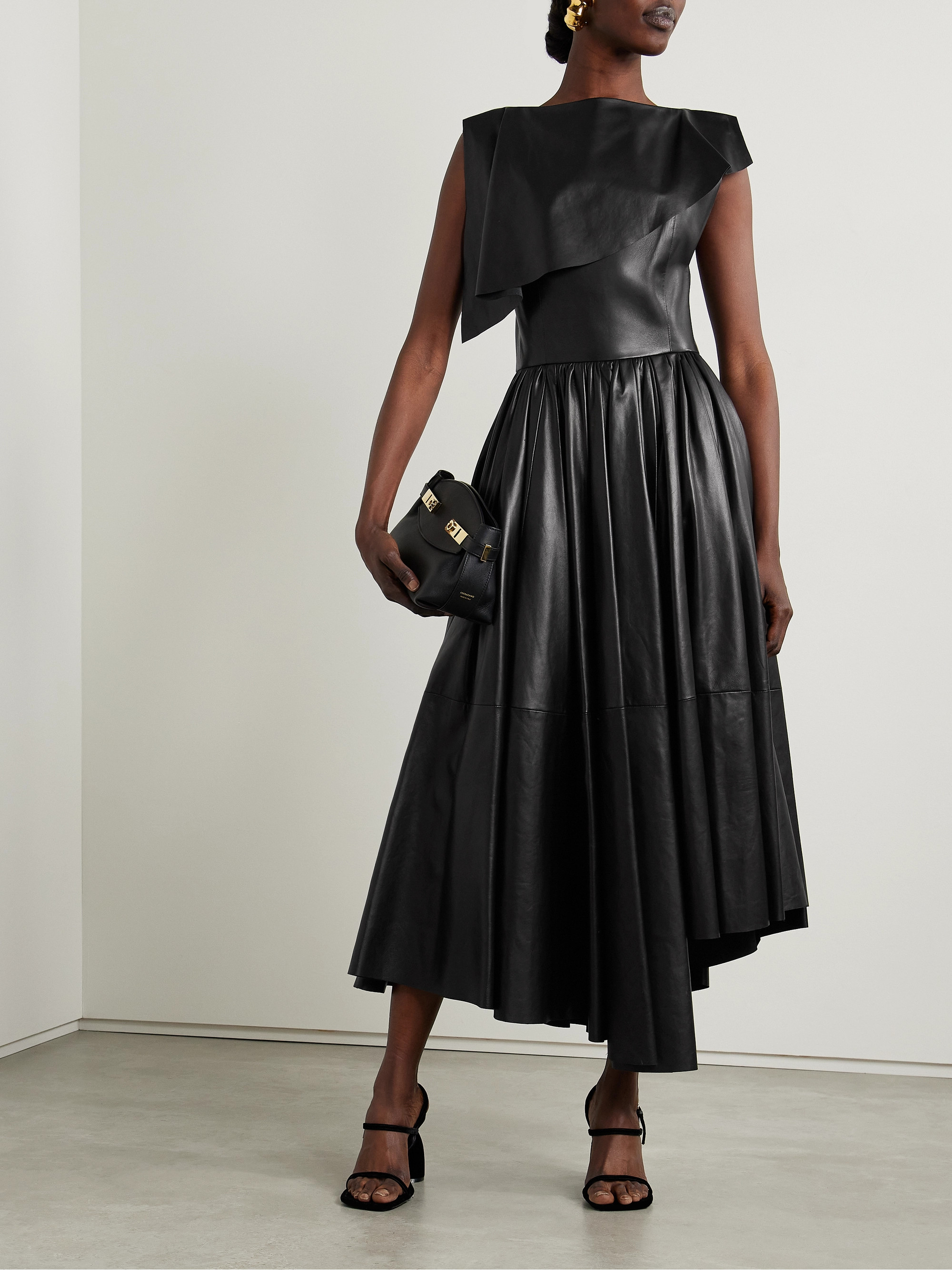 Salon 1884 + NET SUSTAIN Cela asymmetric pleated leather midi dress