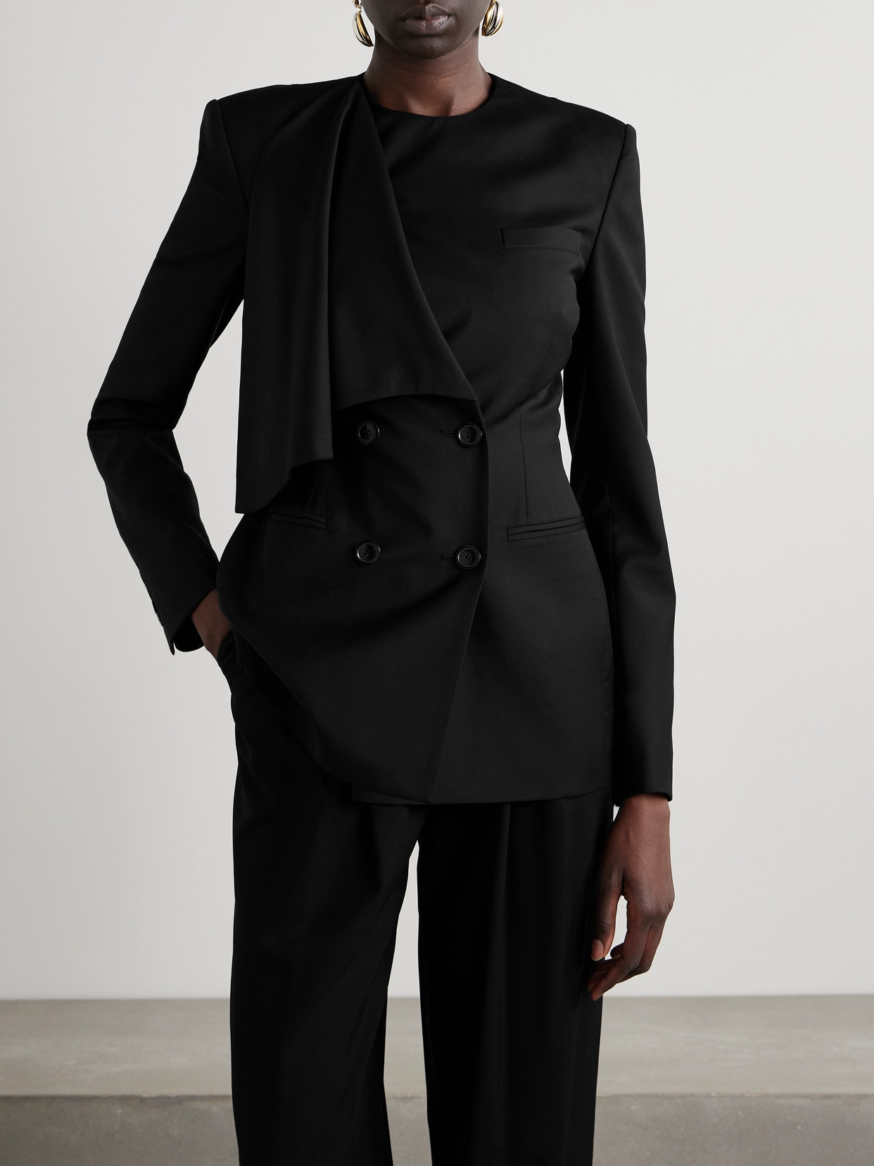 Salon 1884 + Net Sustain Iveta Double-breasted Draped Wool Blazer In Black