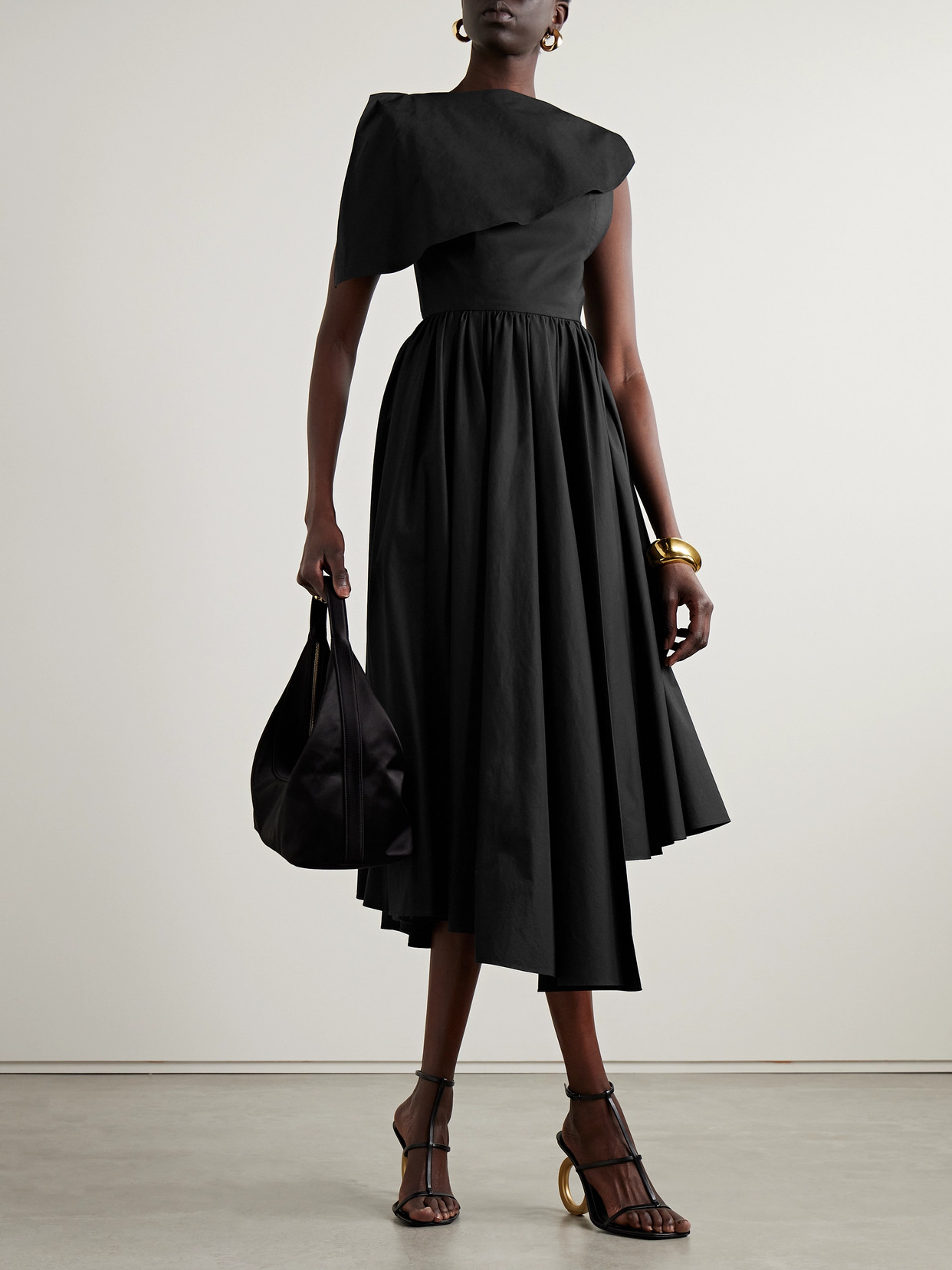 Salon 1884 + Net Sustain Evanne Asymmetric Pleated Cotton-poplin Midi Dress In Black