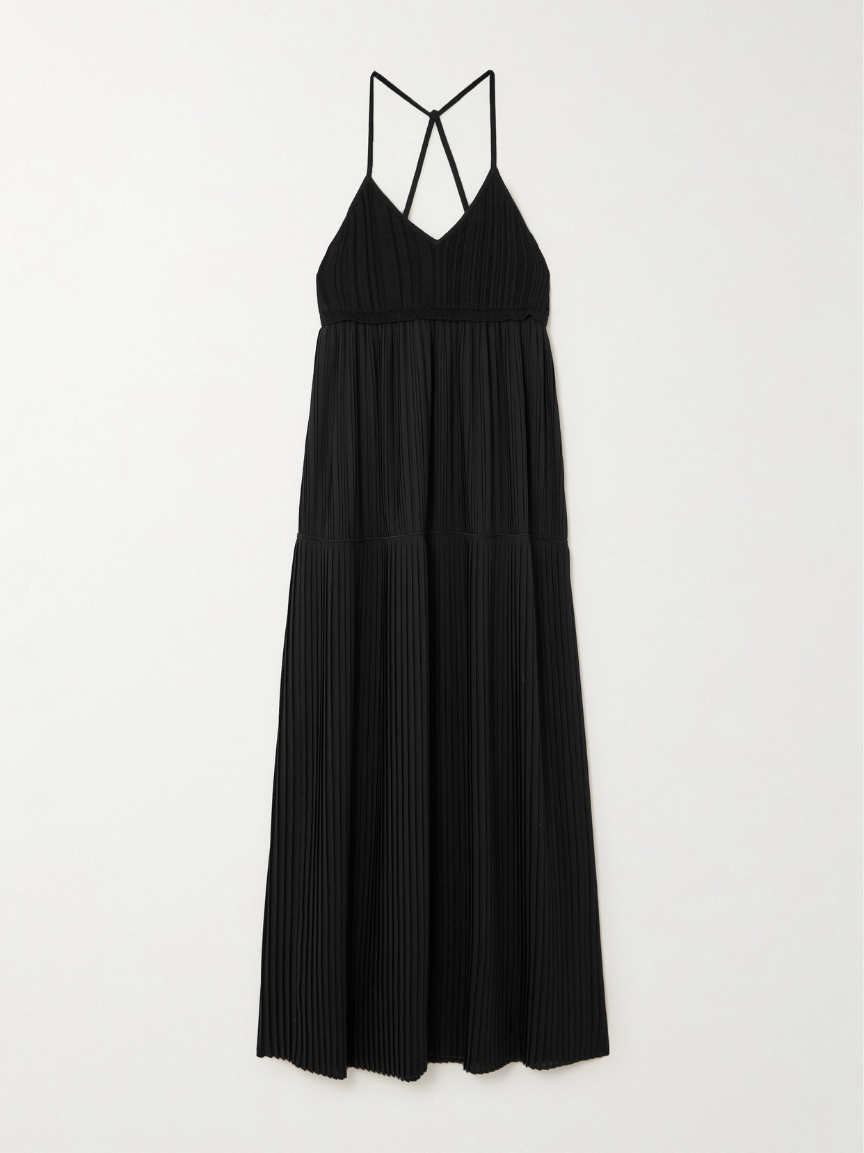 Joseph Amicie Tiered Ribbed Knit-trimmed Pleated Crepe Maxi Dress In Black