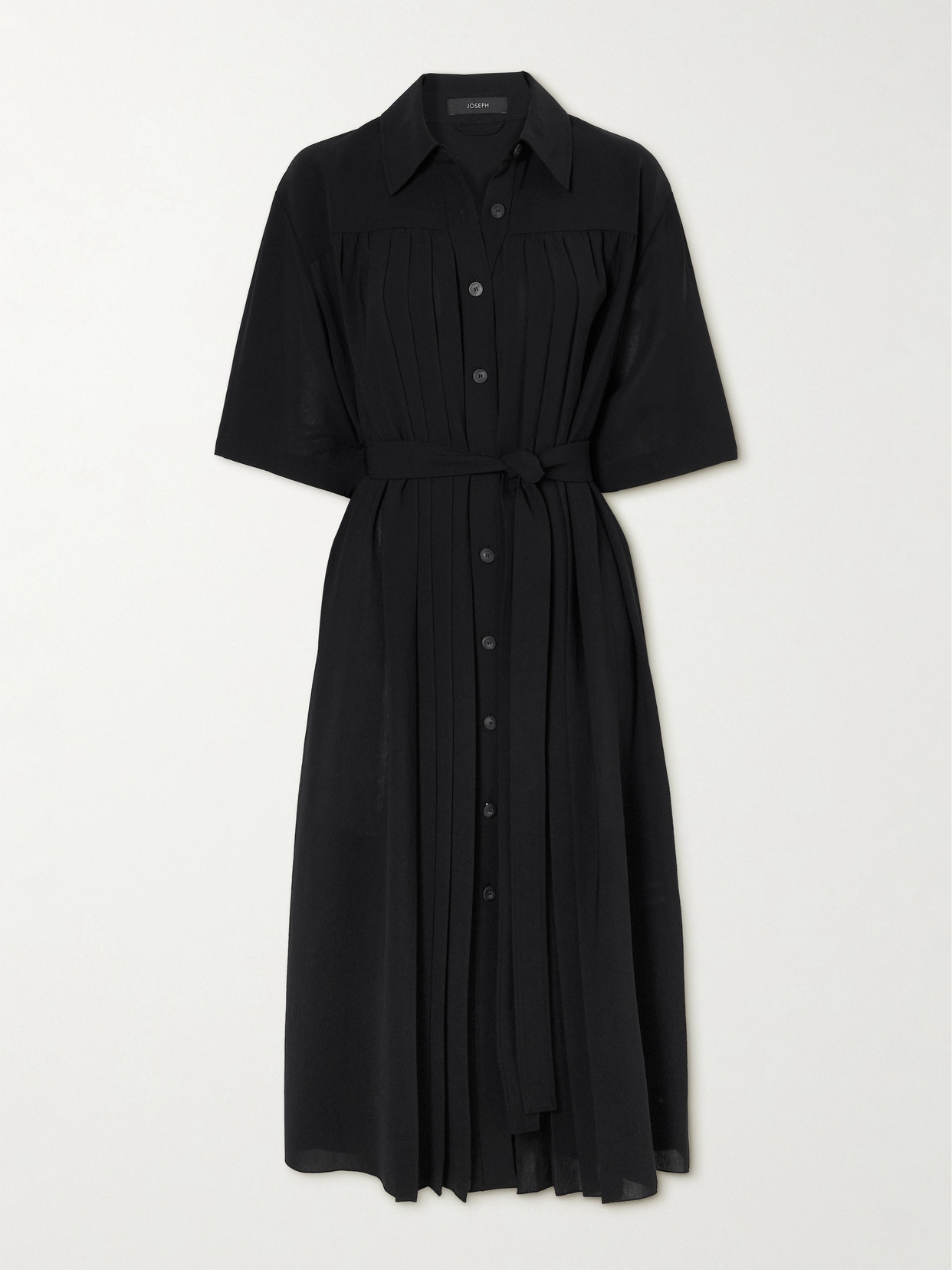 Joseph Arcade Belted Pleated Crepe Midi Shirt Dress In Black