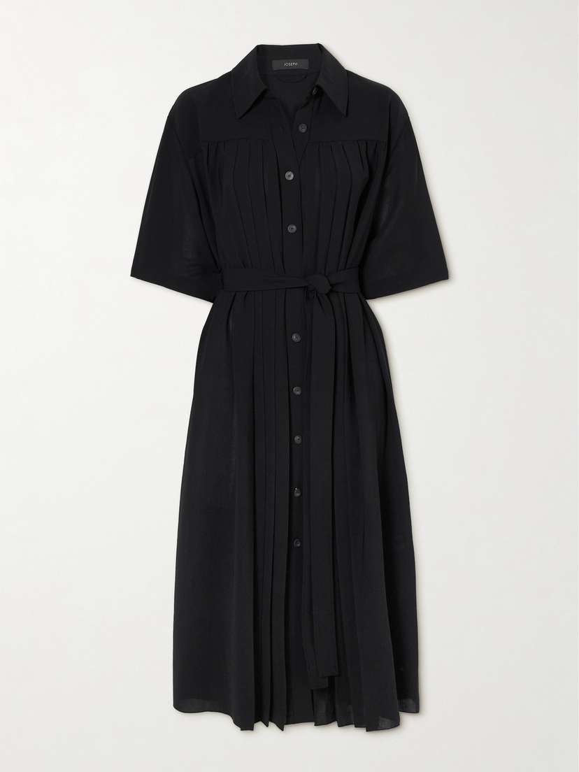 Joseph Arcade Belted Pleated Crepe Midi Shirt Dress