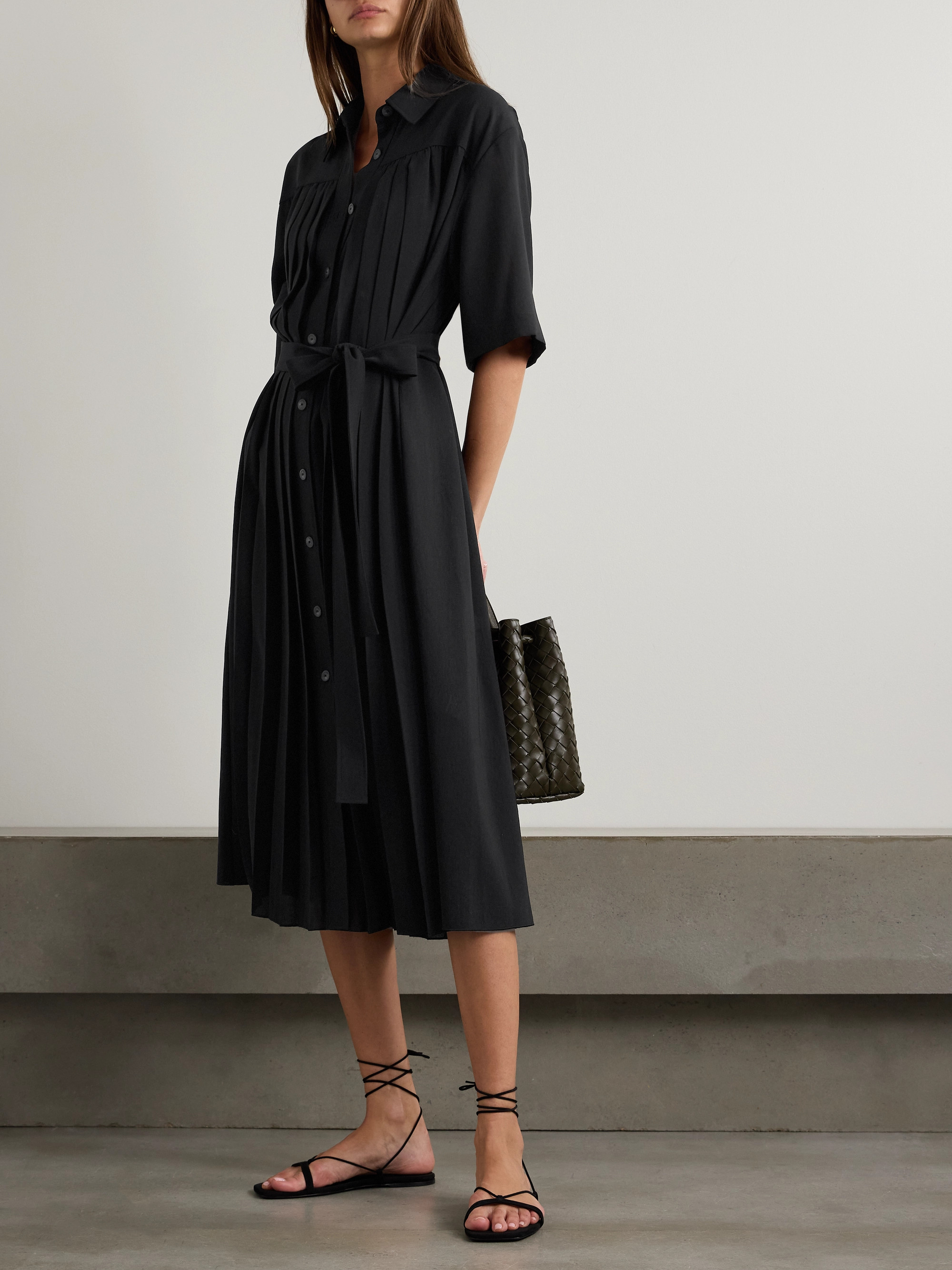 JOSEPH Arcade belted pleated crepe midi shirt dress