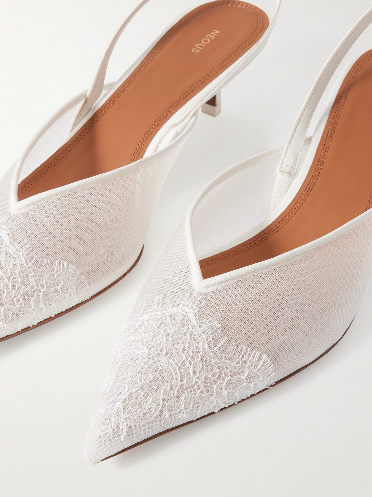 Shop Neous Irena Satin And Lace-trimmed Mesh Slingback Pumps In Cream