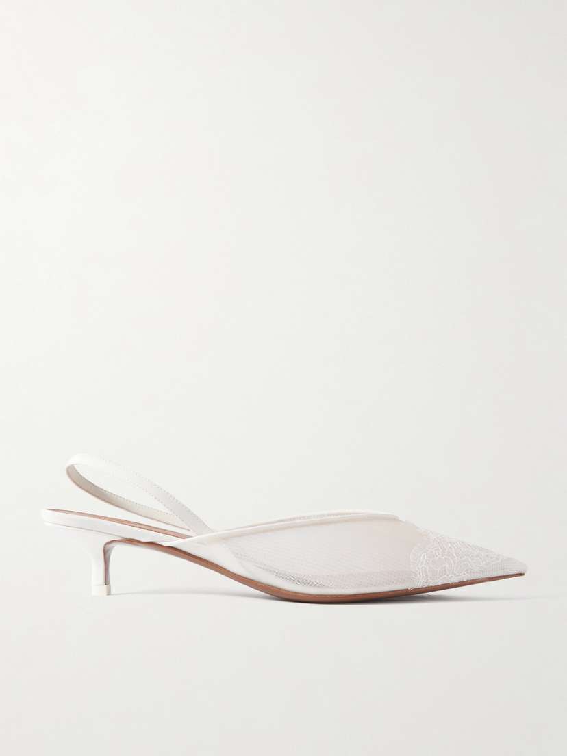 NEOUS Irena Satin And Lace-trimmed Mesh Slingback Pumps