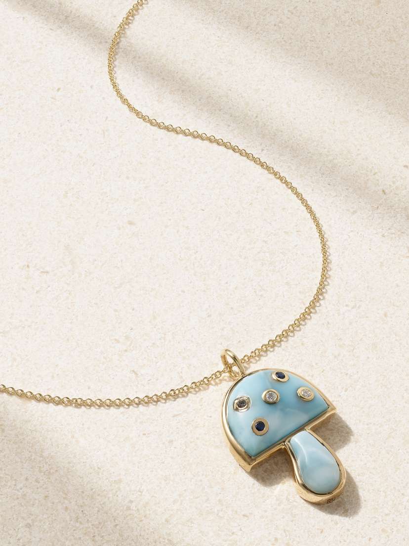 Brent Neale Mini Mushroom 18-karat Gold, Larimar And Diamond Necklace