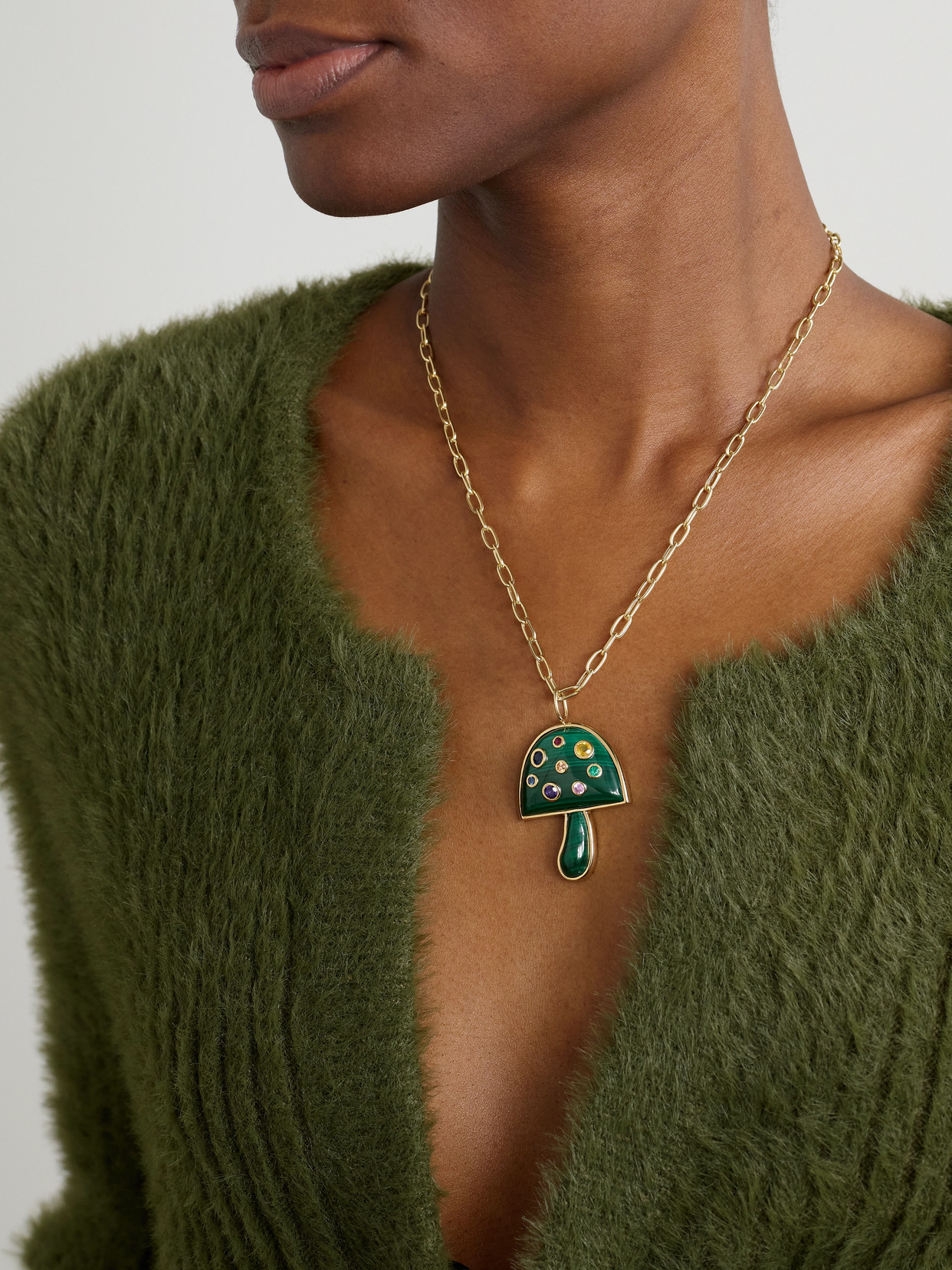 Brent Neale Magic Mushroom Large 18-karat Gold, Malachite And Sapphire Necklace In Gold