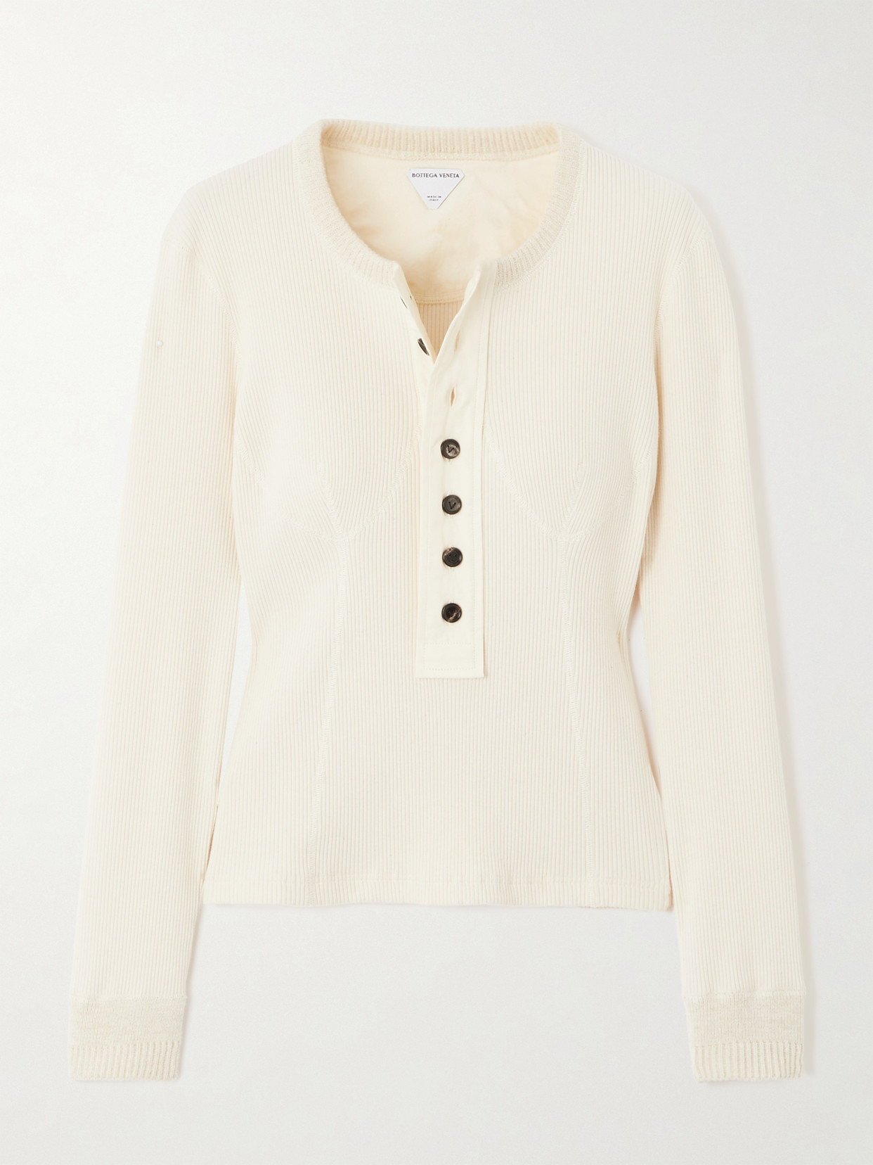 Bottega Veneta Crew Neck Ribbed Stretch Cotton Sweater With Buttons In Neutrals