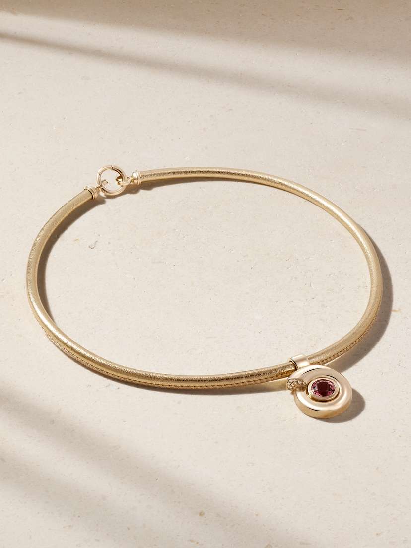 Mason and Books Nautilus 14-karat Gold, Leather, Diamond And Tourmaline Necklace