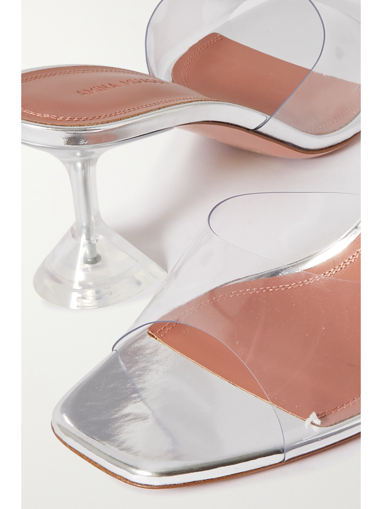 Amina Muaddi Glass Mules In Calf Leather With Sculpted Heel In Neutrals