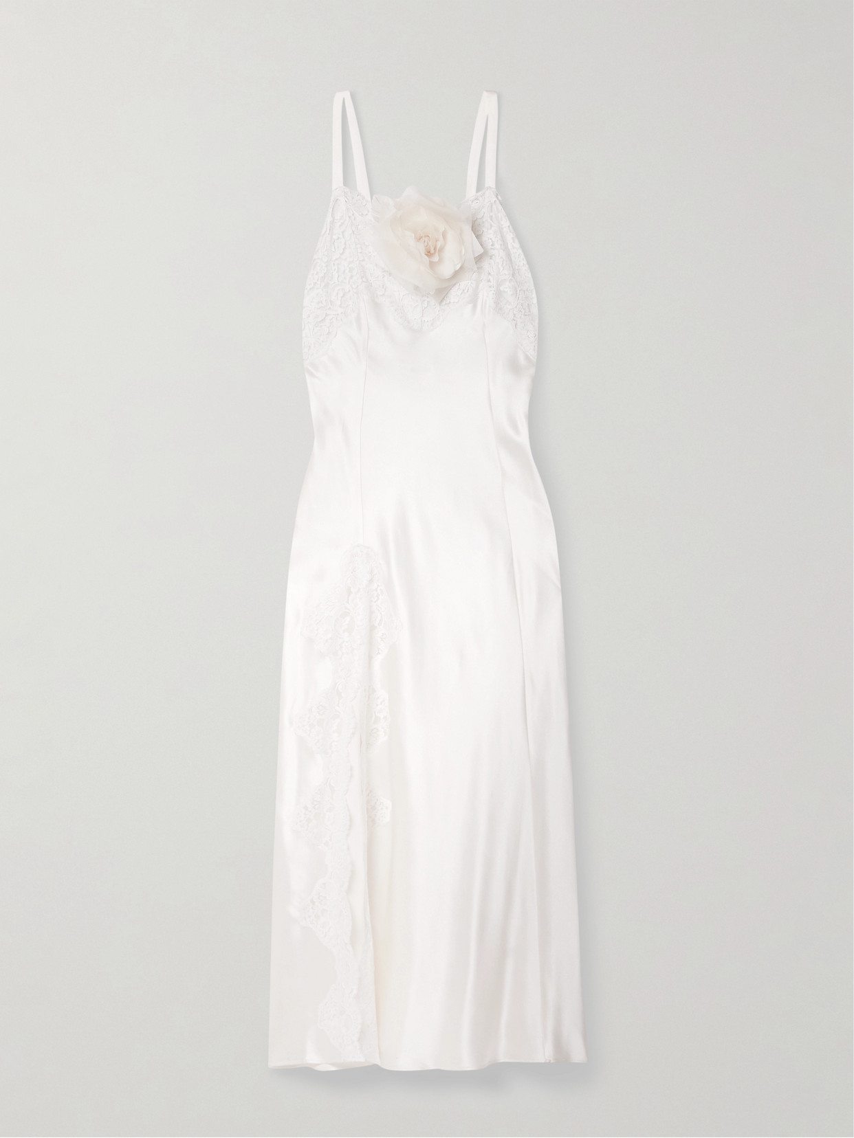 Rodarte Embellished Lace-trimmed Silk-satin Midi Dress In Off-white