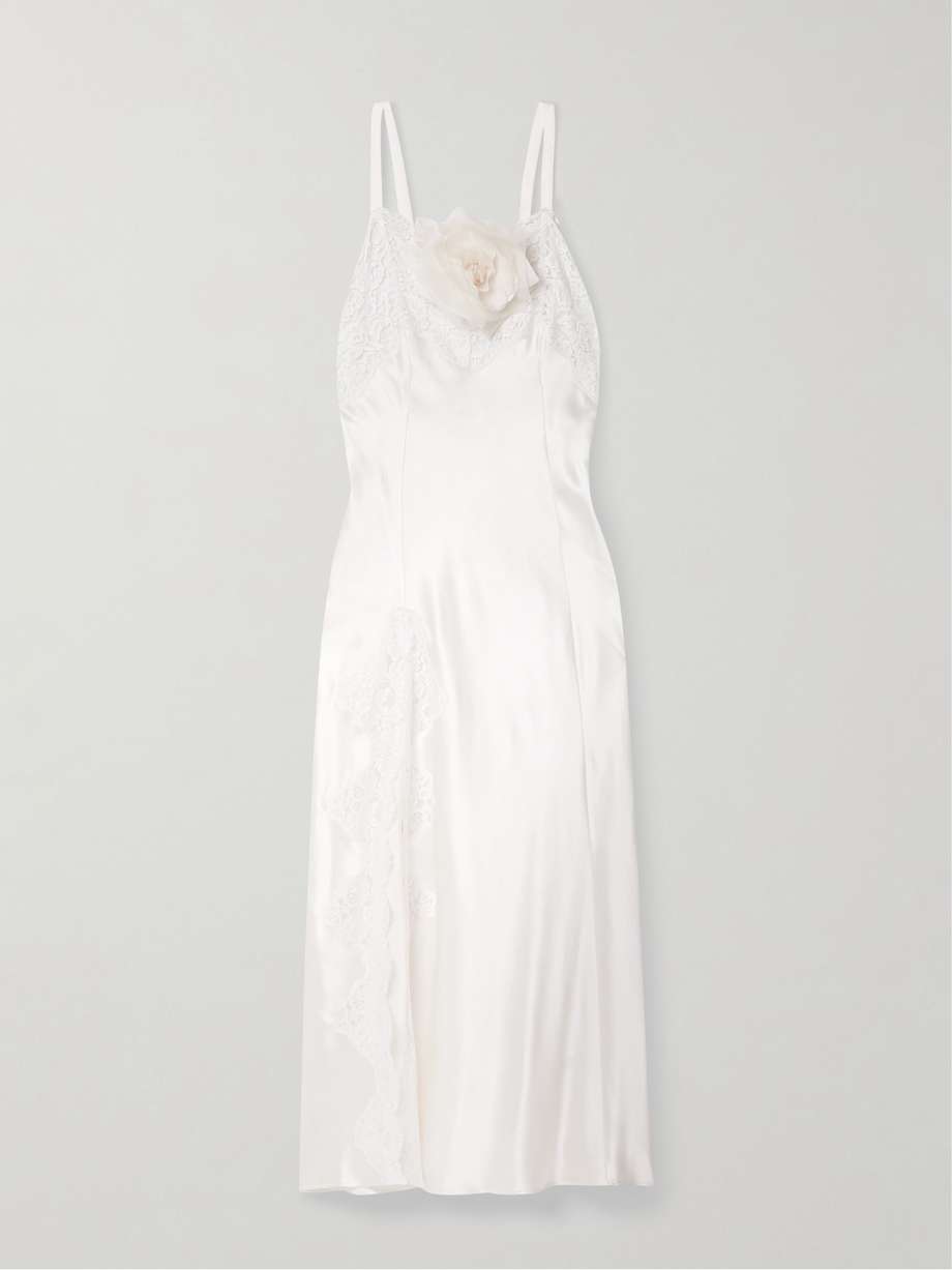 embellished lace-trimmed silk-satin midi dress